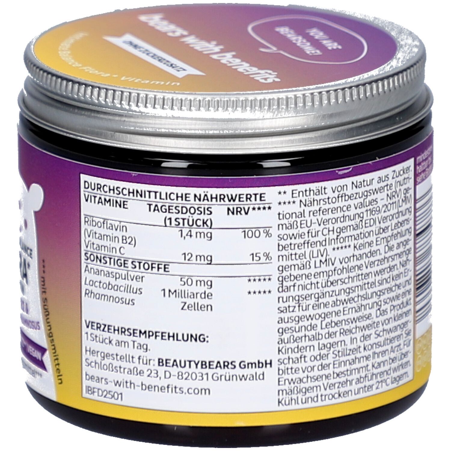 Dose mit Deckel. Aufschrift: Intimate Balance Flora Vitamin B2 & Lactobacillus rhamnosus. 30 Stück. Ohne Zuckerzusatz. Vegan.