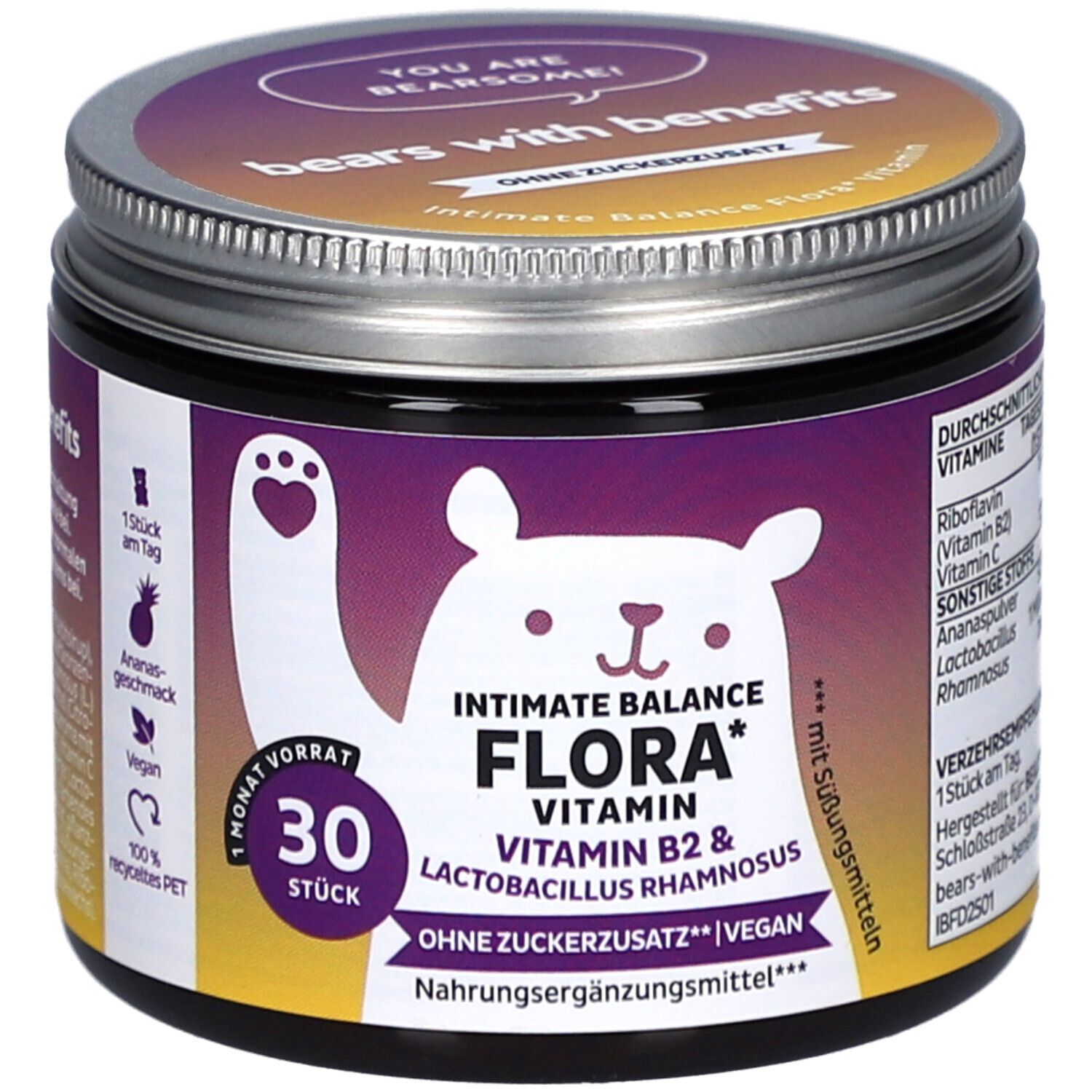 Dose mit Deckel. Aufschrift: Intimate Balance Flora Vitamin B2 & Lactobacillus rhamnosus. 30 Stück. Ohne Zuckerzusatz. Vegan.