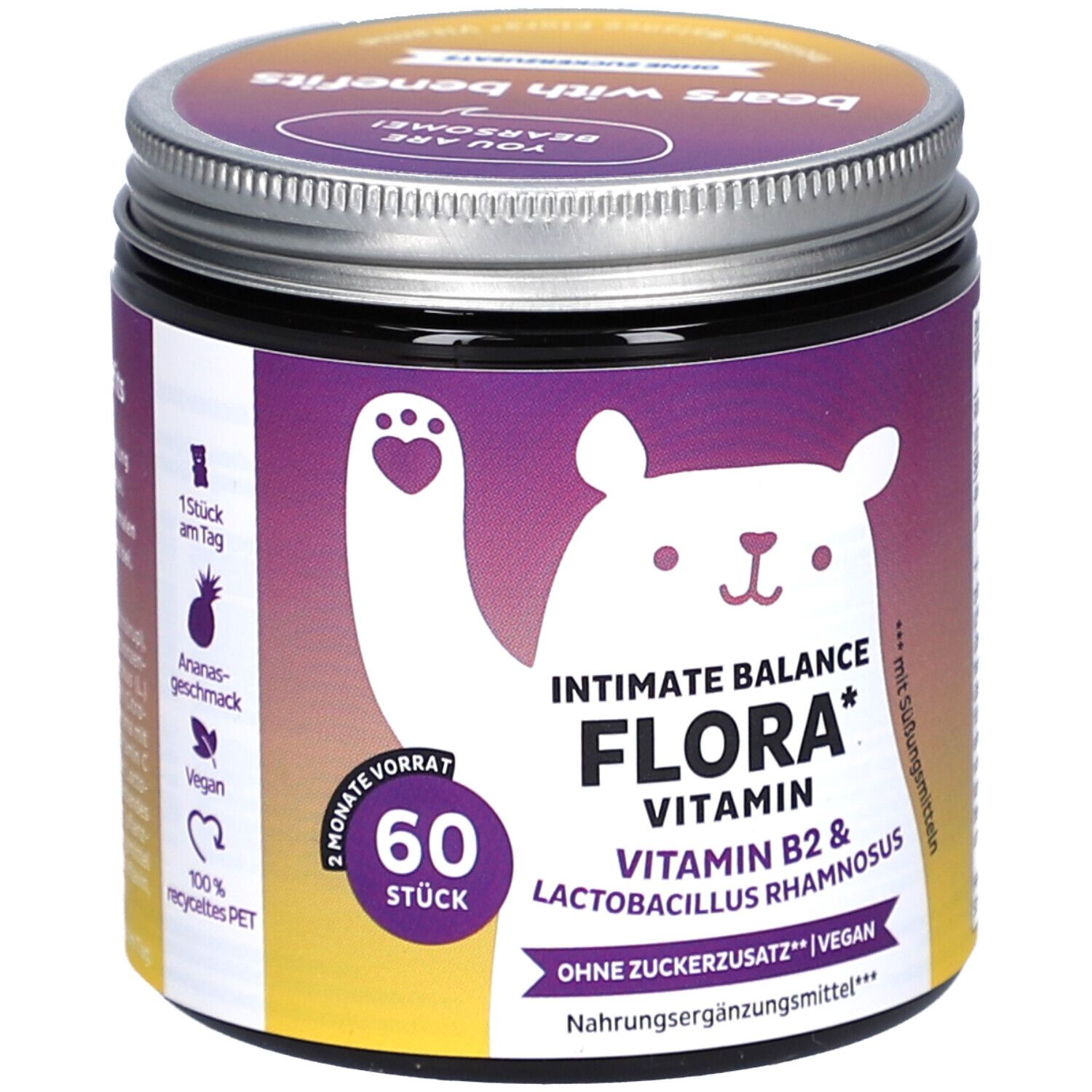 Dose mit Produktetikett. Aufschrift: Intimate Balance Flora Vitamin, 60 Stück, vegan. Bär-Illustration.