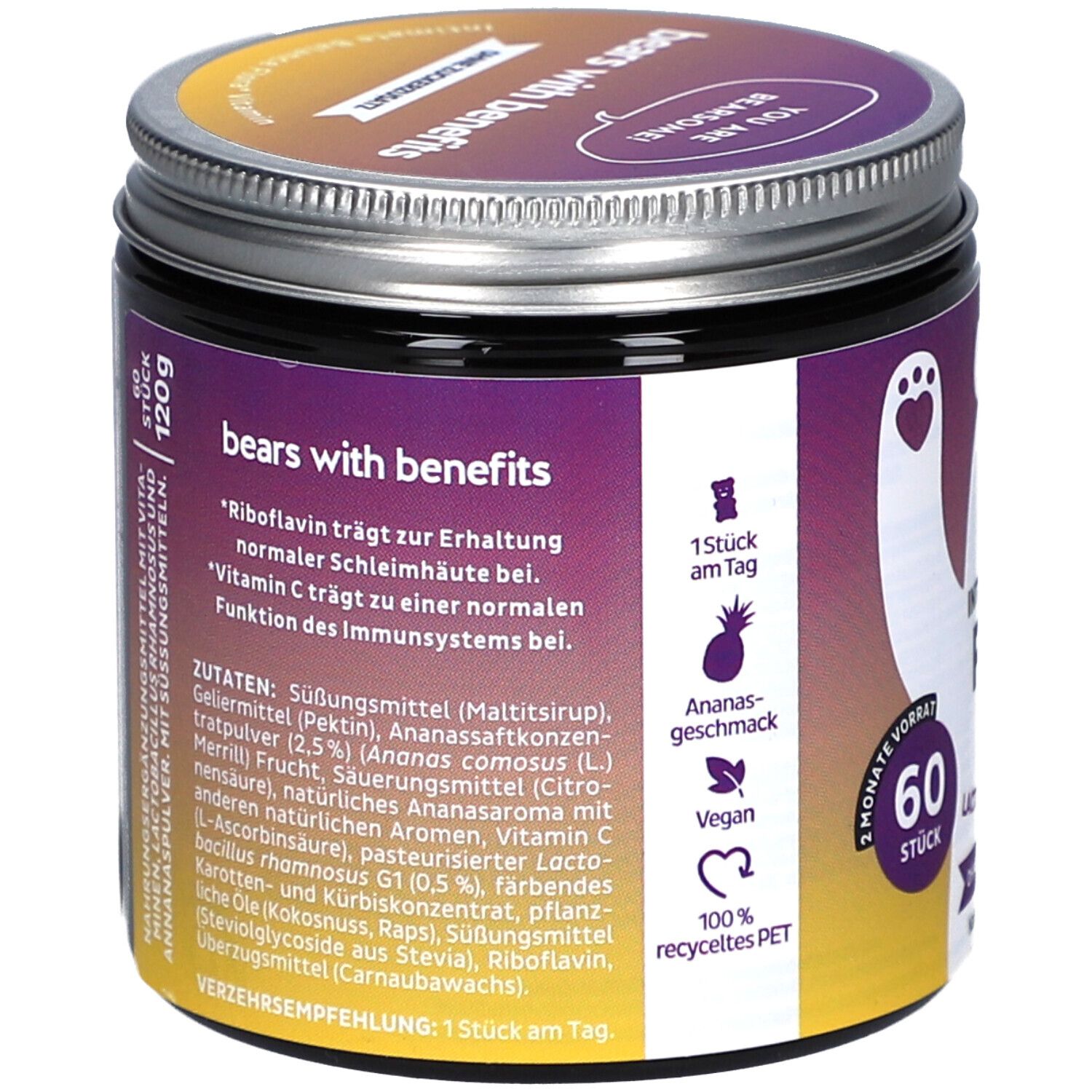 Rückseite der Dose. Zutatenliste, Informationen zu Riboflavin und Vitamin C. 60 Stück, 120g.