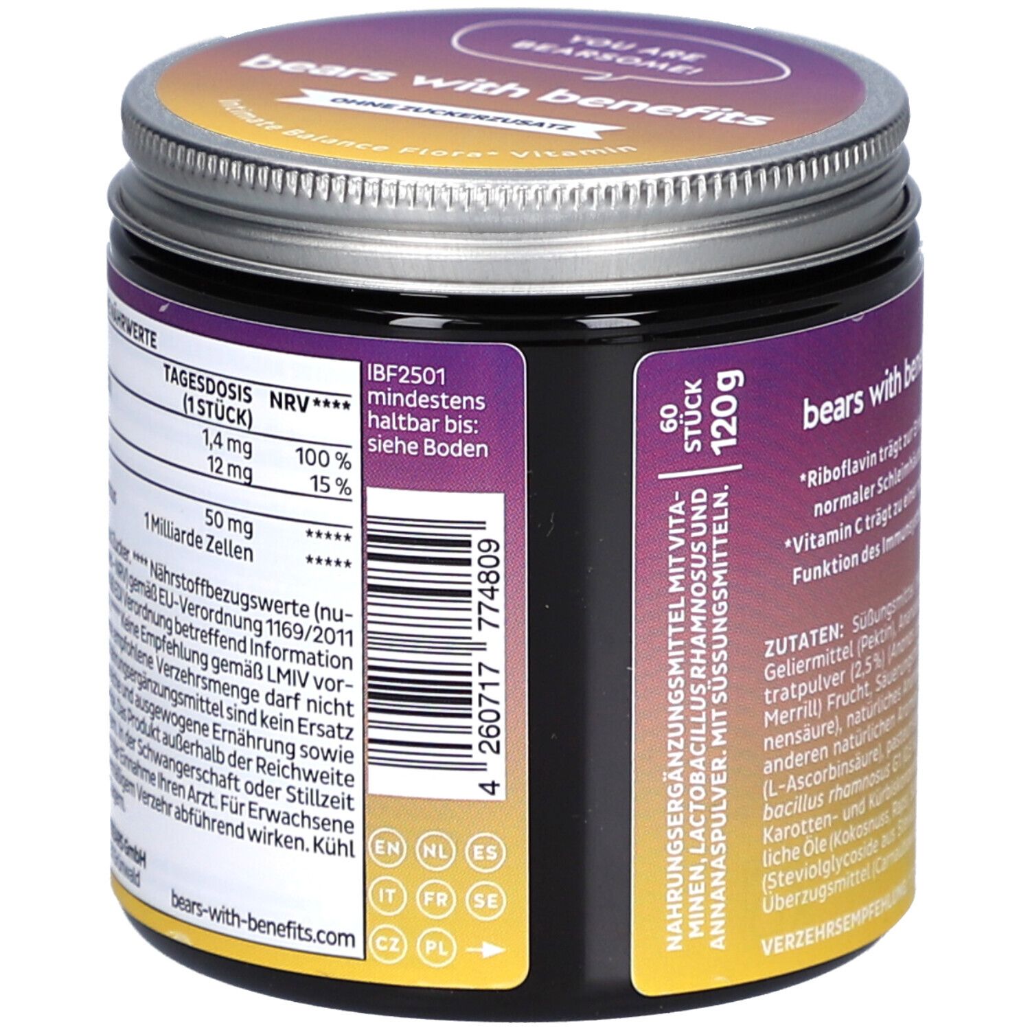 Dose mit Etikett. Nährwertangaben, Barcode. Aufschrift: 60 Stück, 120g. Produktname: Intimate Balance Flora Vitamin.