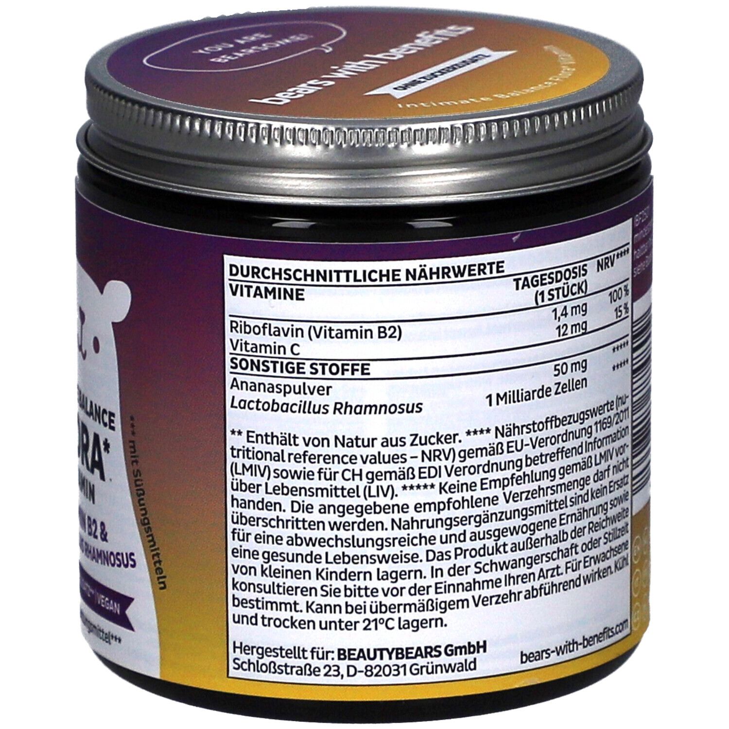 Dose mit Produktetikett. Aufschrift: Intimate Balance Flora Vitamin, 60 Stück. Bär-Illustration.