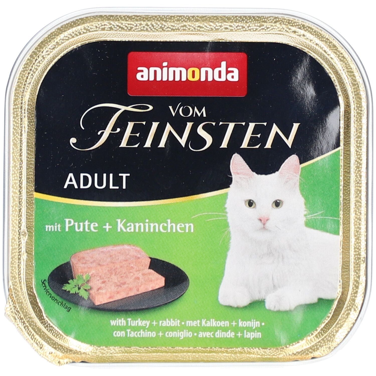 Katzenfutter in einer Dose. Aufschrift: animonda Vom Feinsten Adult mit Pute + Kaninchen. Abgebildet sind Futterstücke und eine weiße Katze.