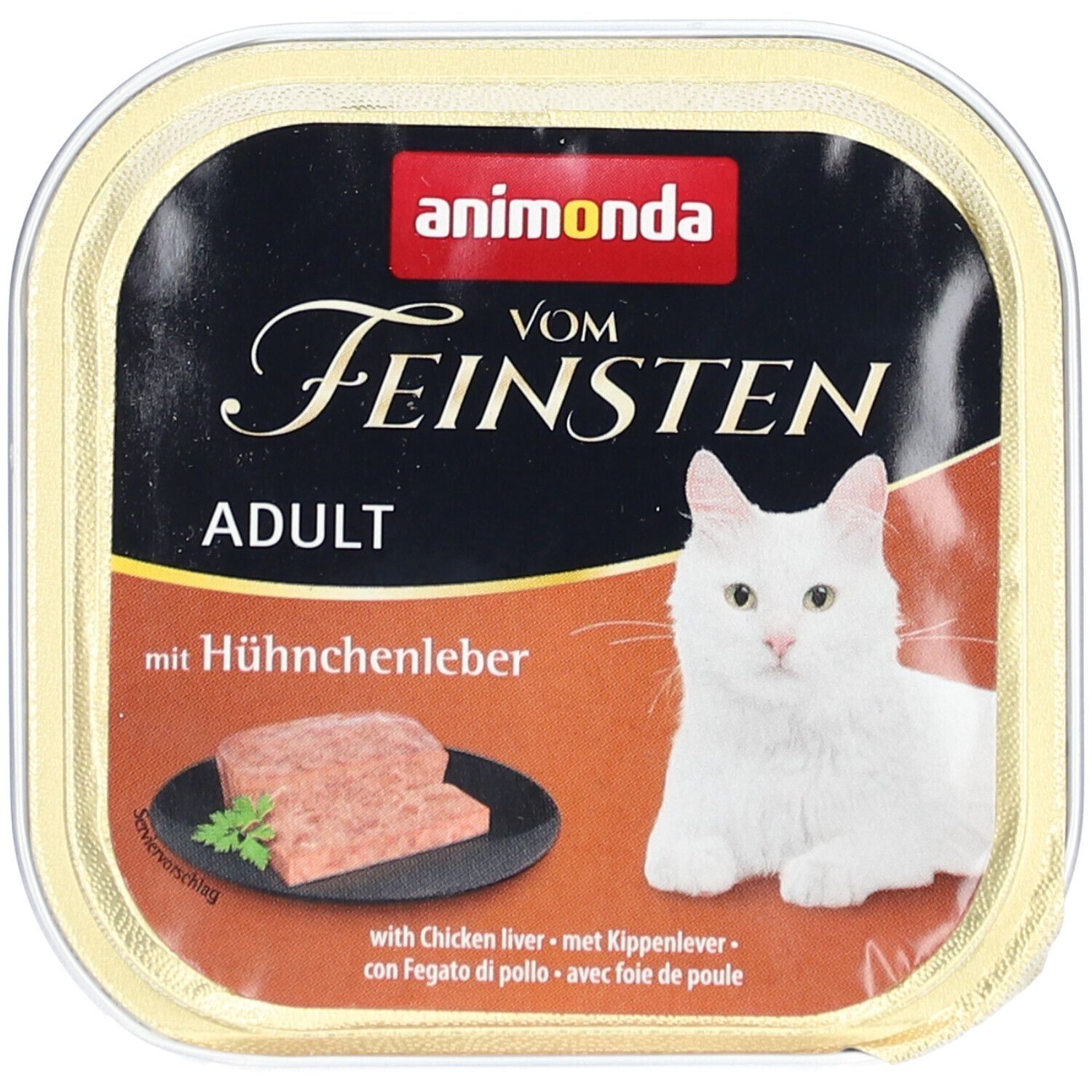 Verpackung von Katzenfutter. Schwarzer Hintergrund mit weißer Schrift. Enthält ein Bild einer weißen Katze und Futter. Aufschrift: animonda Vom Feinsten Adult.