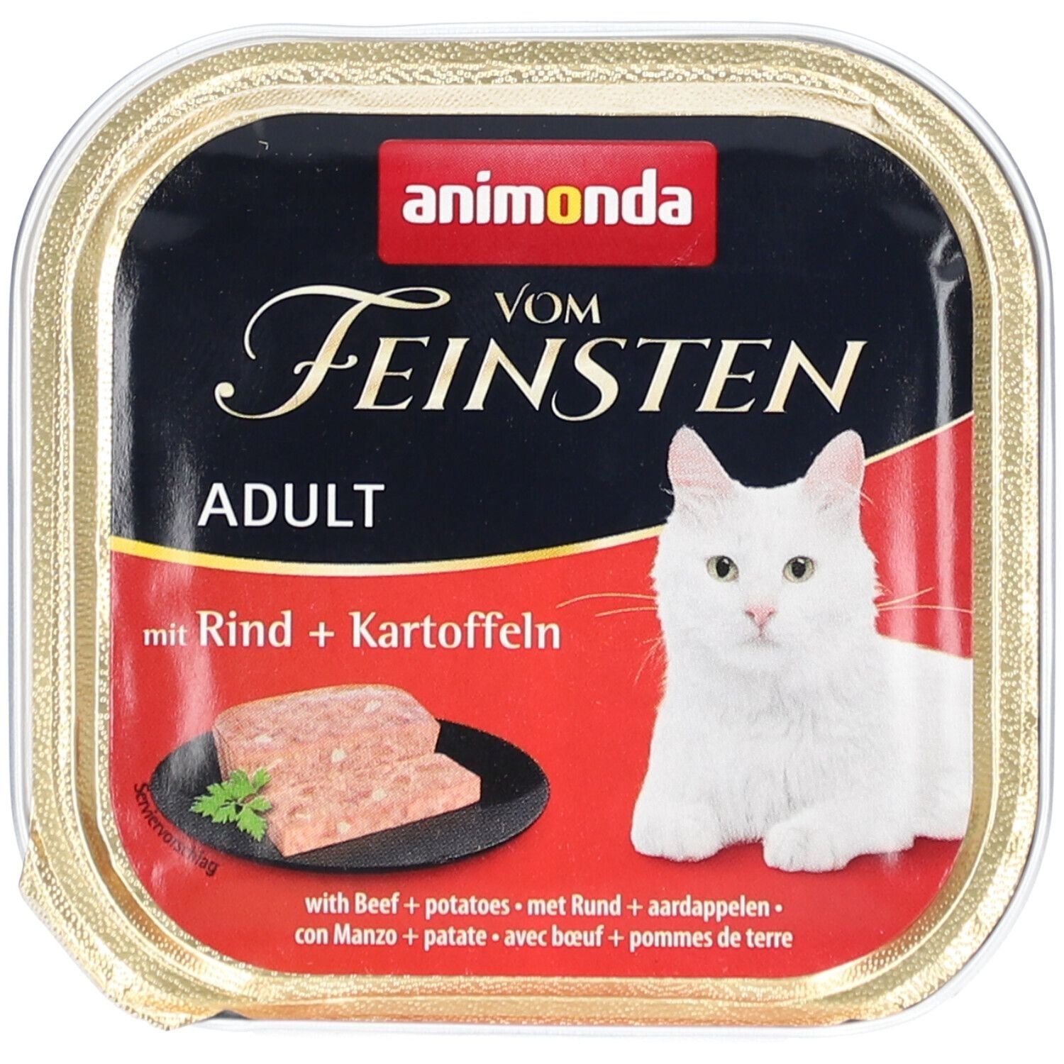 Katzenfutter-Schale mit animonda-Logo. Text: Vom Feinsten Adult mit Rind + Kartoffeln. Abbildung: weiße Katze, Fleischstücke.