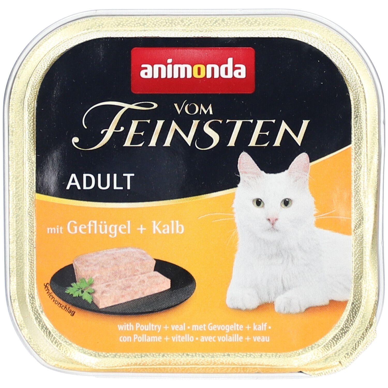 Katzenfutter in einer Schale. Aufschrift: animonda Vom Feinsten Adult mit Geflügel + Kalb. Abbildung einer Katze und Futter.