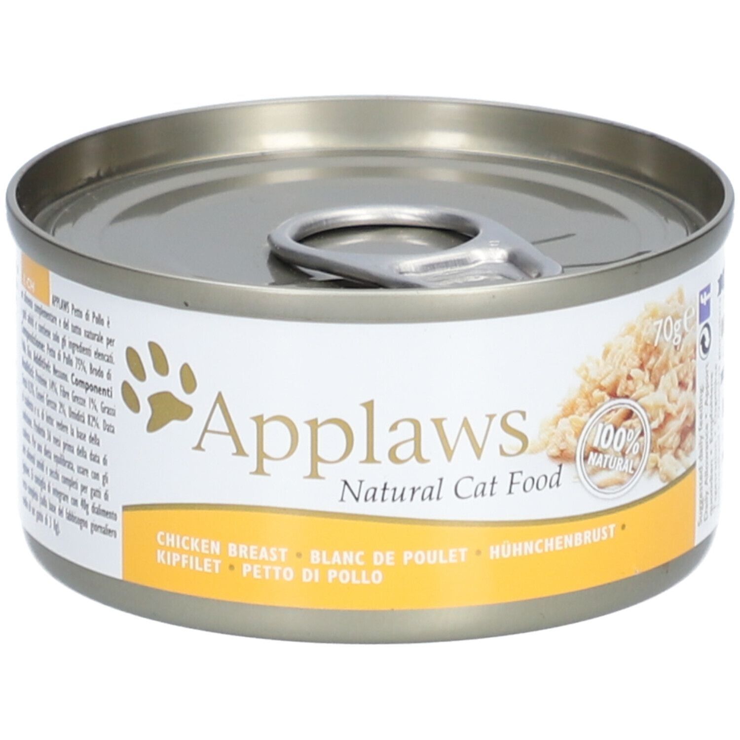 Boîte de nourriture pour chats Applaws Natural Cat Food, saveur poulet. Boîte métallique avec couvercle argenté et étiquette blanche.