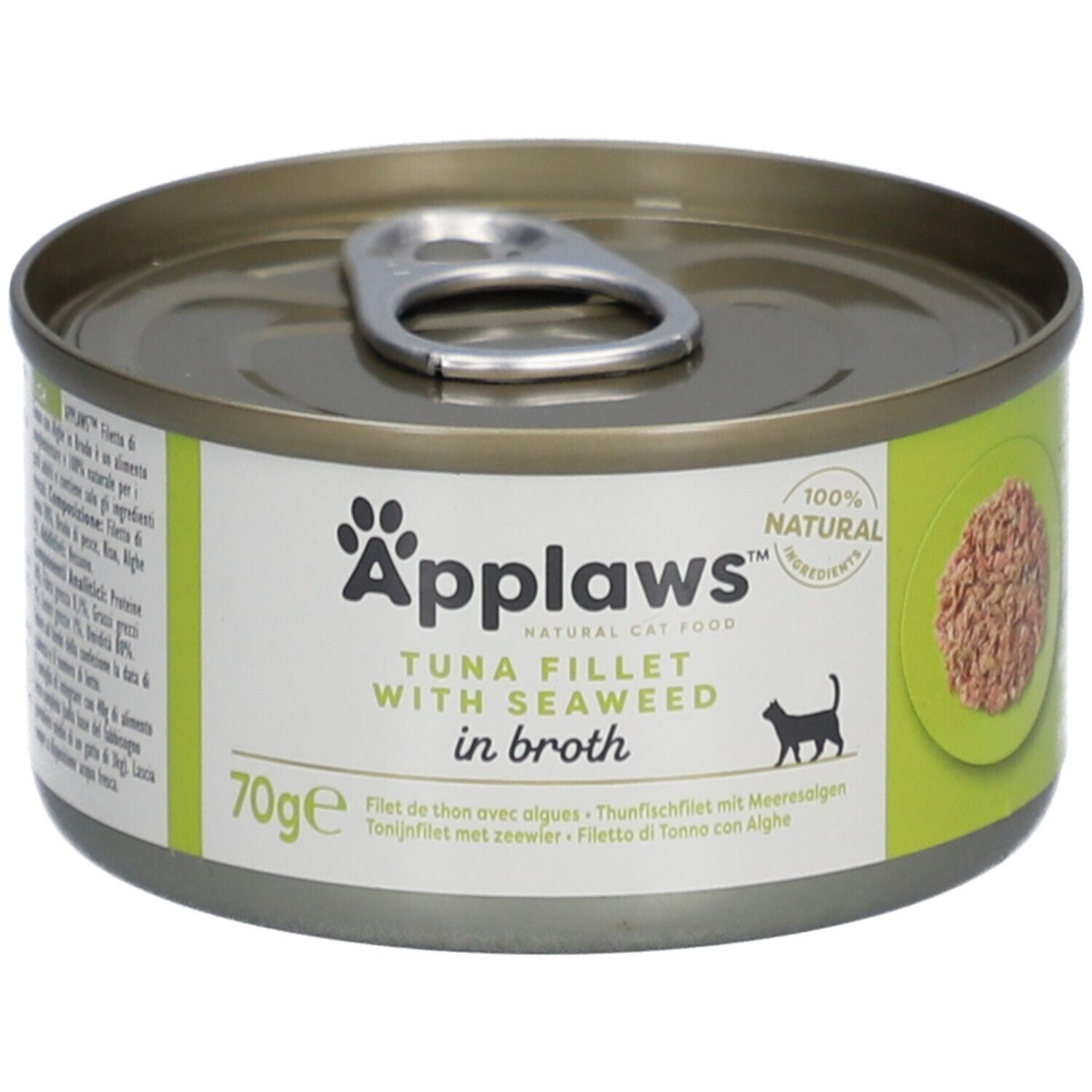 Runde Dose mit Applaws™ Thunfischfilet & Seetang in Brühe. Aufschrift: 70g, 100% natürlich. Produktabbildung.