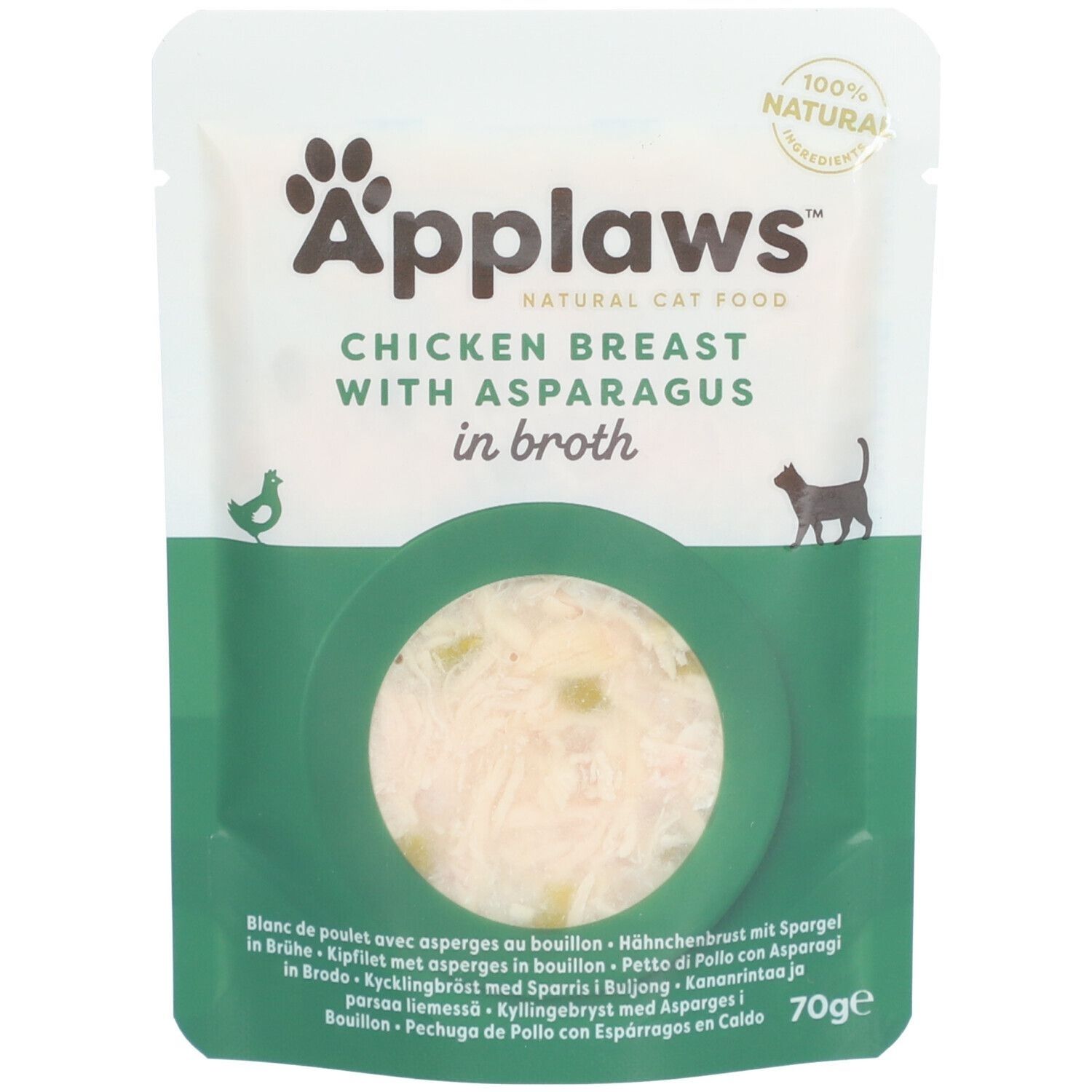 Sachet de nourriture pour chats Applaws. Poitrine de poulet aux asperges en bouillon. Emballage vert et blanc. 70g. Logo et texte.