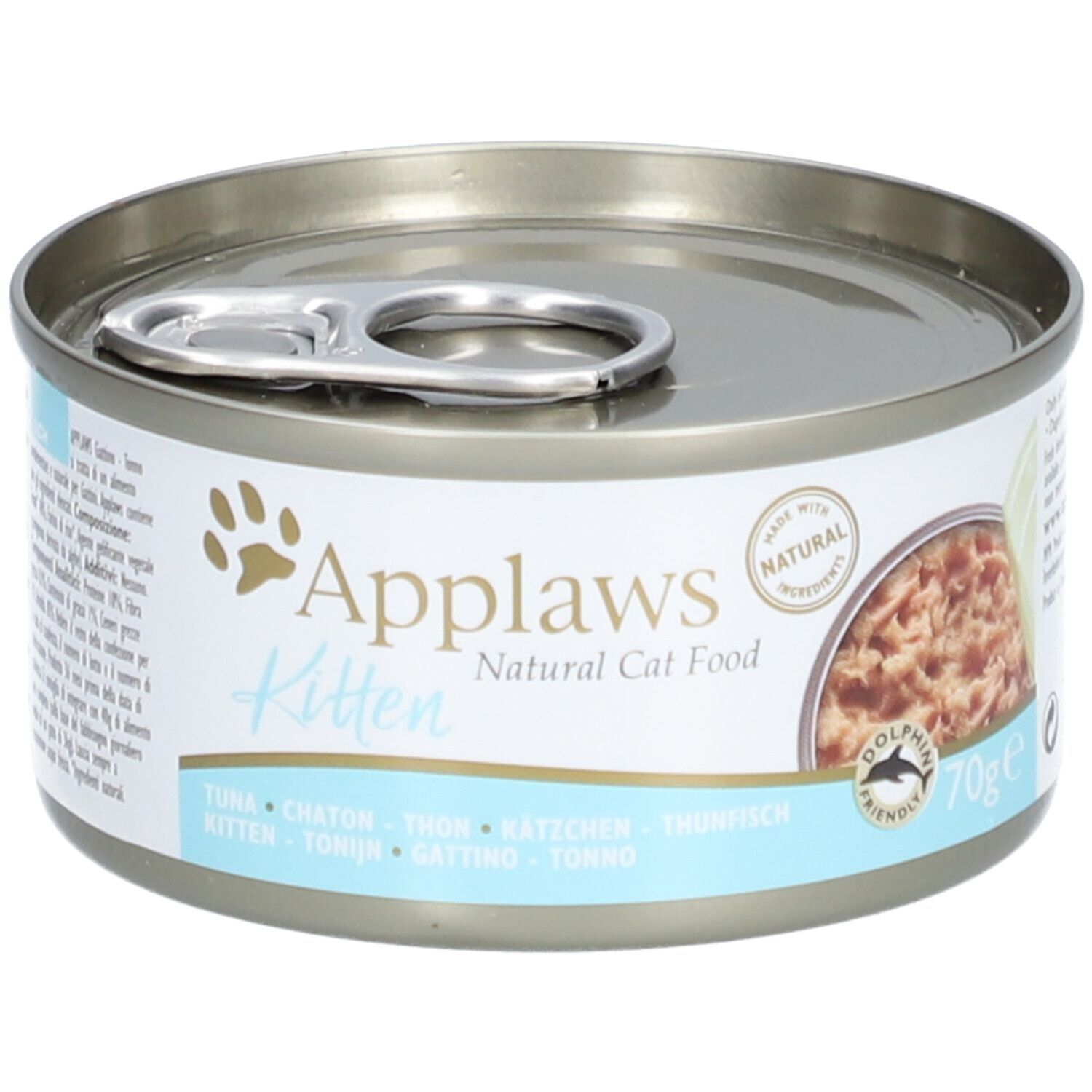 Runde Dose Applaws Thunfischfilet in Gelee für Kitten. Mit Aufreißlasche. Aufschrift: Applaws Kitten Natural Cat Food, 70g, Dolphin Friendly.