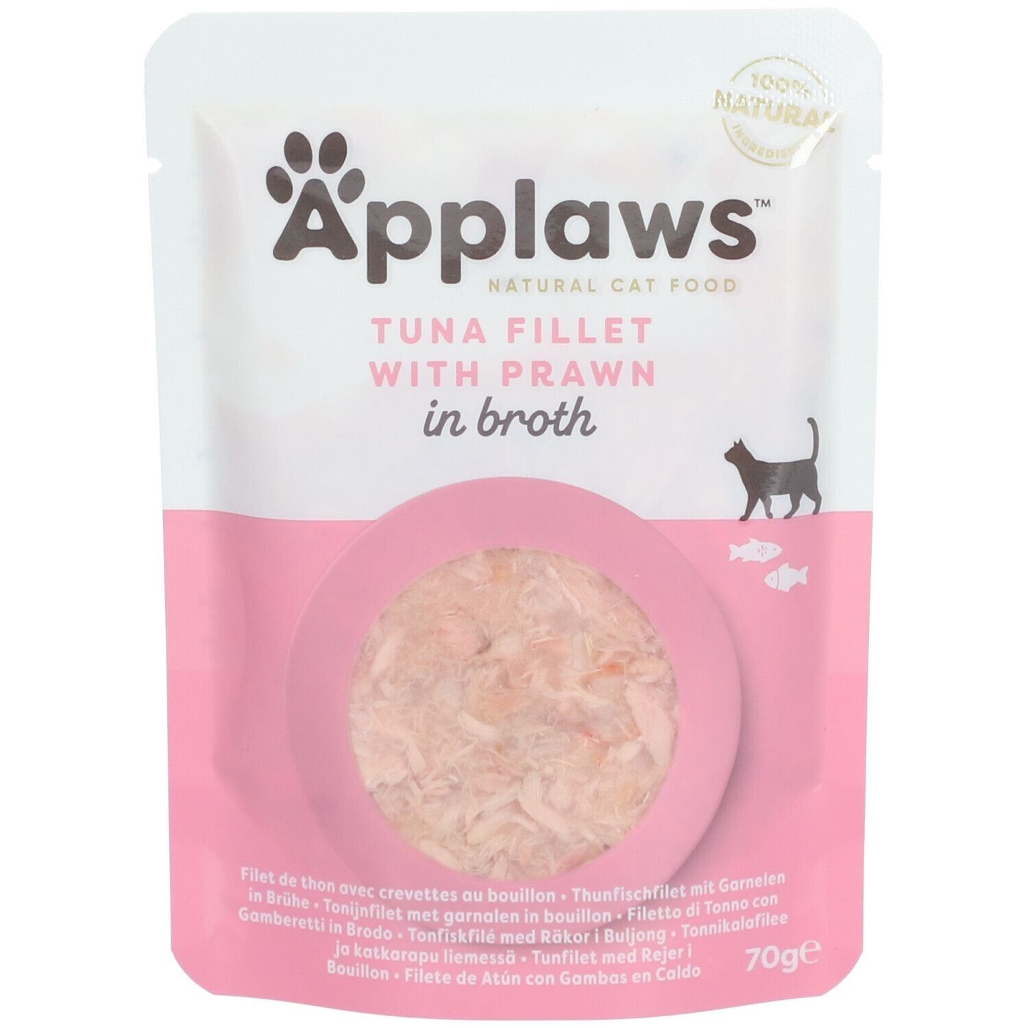 Applaws Nassfutter für Katzen. Thunfisch- und Garnelenfilet in Brühe. Rosa Verpackung mit Produktabbildung und Text.