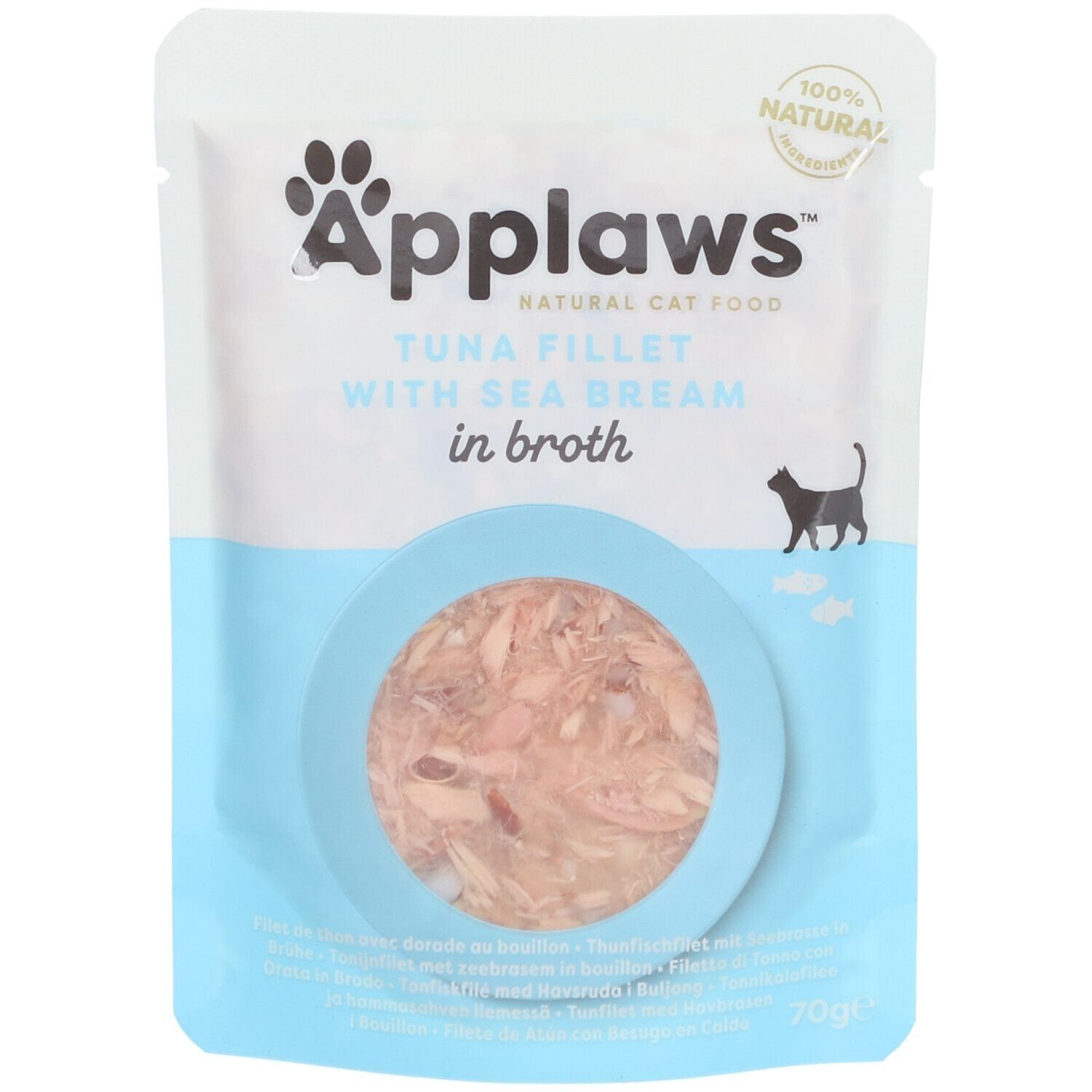 Sachet Applaws filets de thon et dorade en bouillon. Sachet ouvert avec contenu dans cercle bleu. 100% naturel.