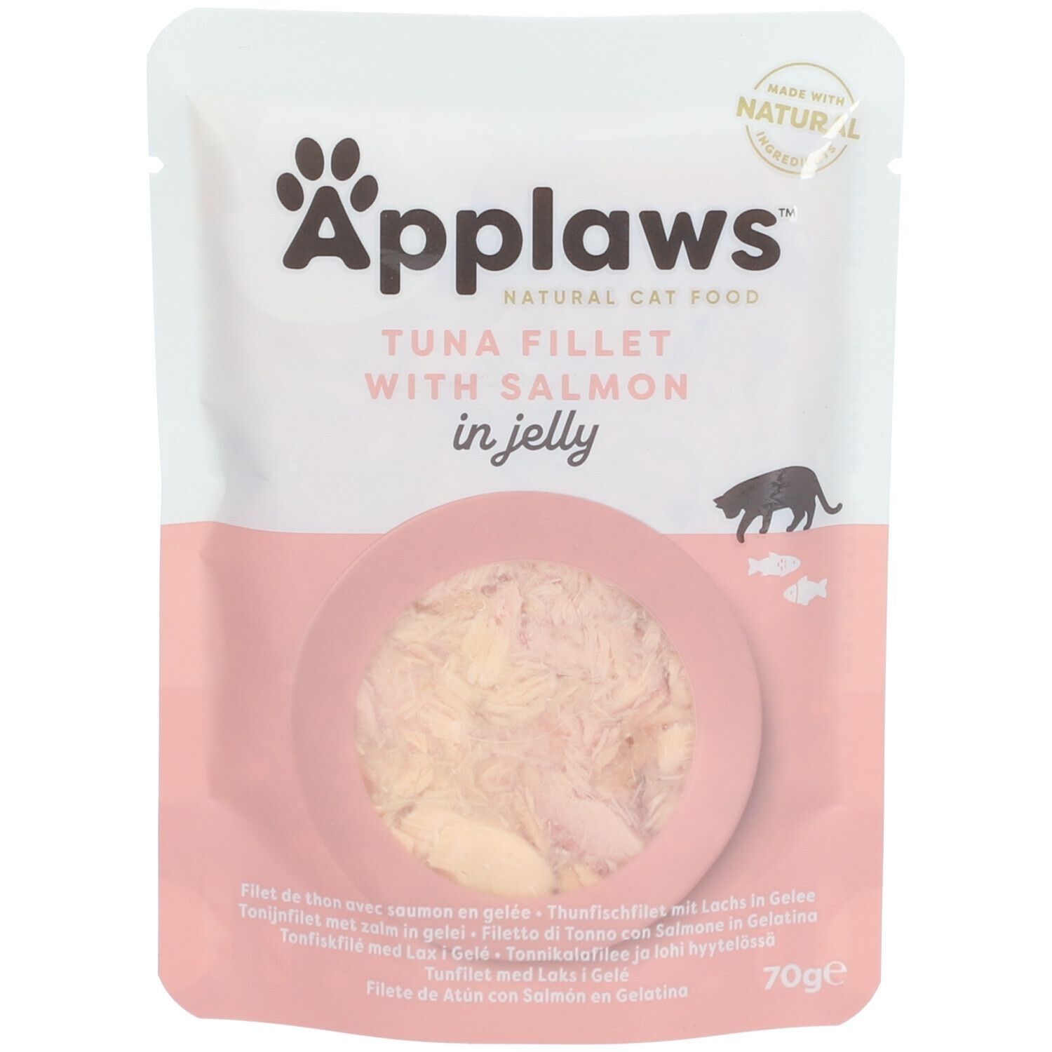 Sachet Applaws™ avec thon et saumon en gelée. Produit rose-blanc, silhouette de chat, 70g. Texte: Tuna Fillet with Salmon in Jelly.