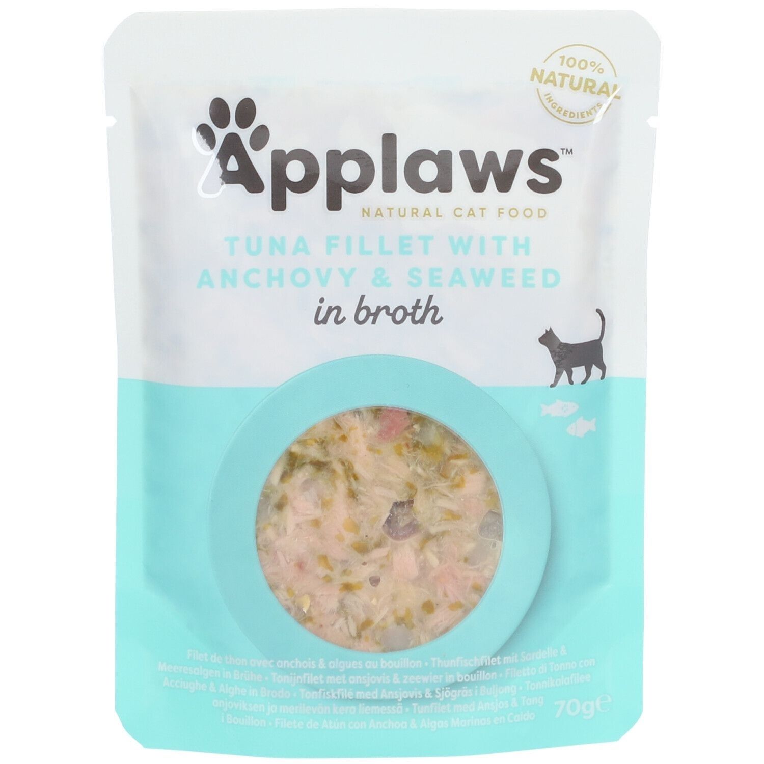 Sachet de nourriture pour chats Applaws™. Filet de thon, anchois et algues en bouillon. Ingrédients 100% naturels. Texte visible.