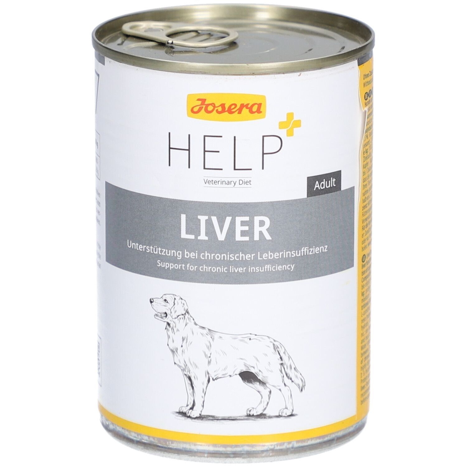 Boîte de nourriture pour chiens "Josera HELP LIVER". Texte pour l'insuffisance hépatique. Image d'un chien. Étiquette "Adult".