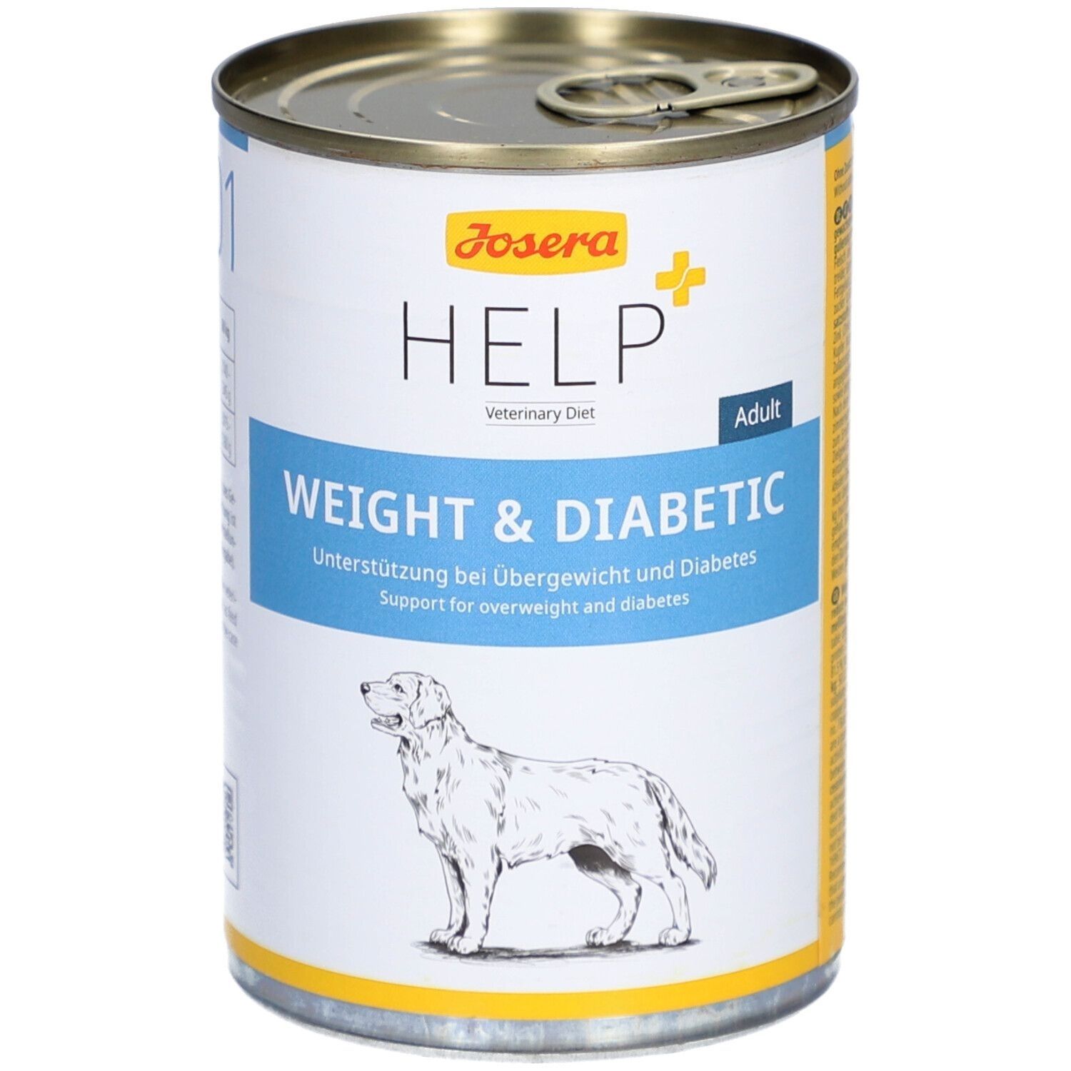 Boîte de nourriture pour chiens Josera HELP. Texte : Weight & Diabetic. Soutien pour le surpoids et le diabète. Illustration d'un chien.