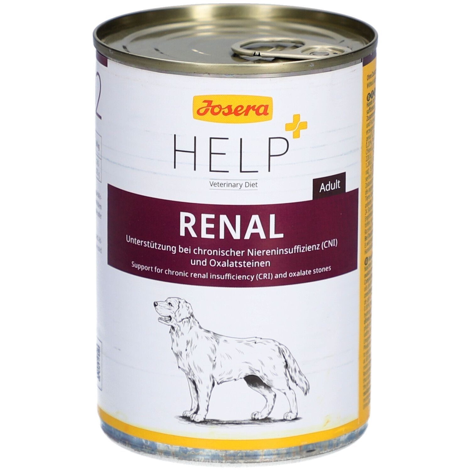 Boîte de nourriture pour chiens avec couvercle. Inscription : Josera Help Renal, Veterinary Diet, Adult. Illustration d'un chien. Texte en allemand et anglais.