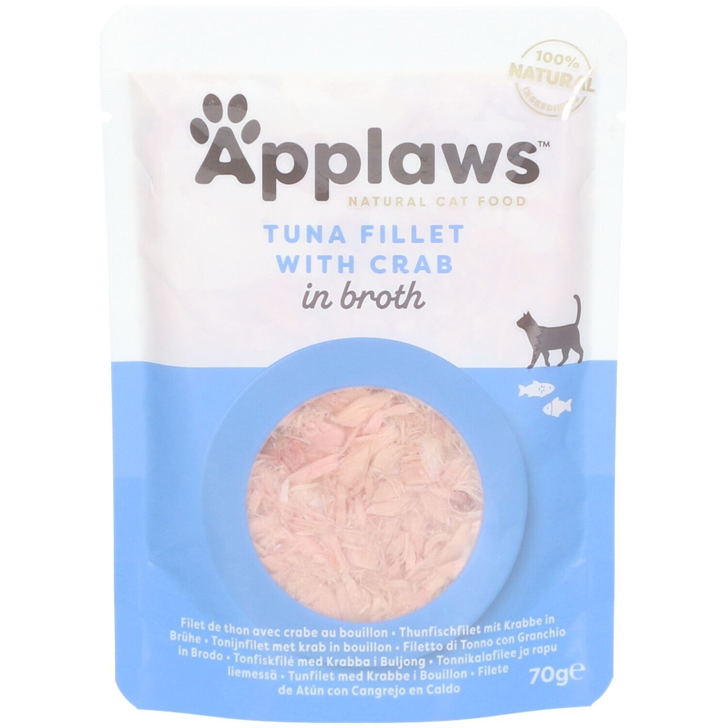 Beutel mit Applaws Thunfisch- und Krabbenfilet in Brühe. Sichtbar: Produkt, Text, Logo, Katze-Silhouette, Fisch-Icons.