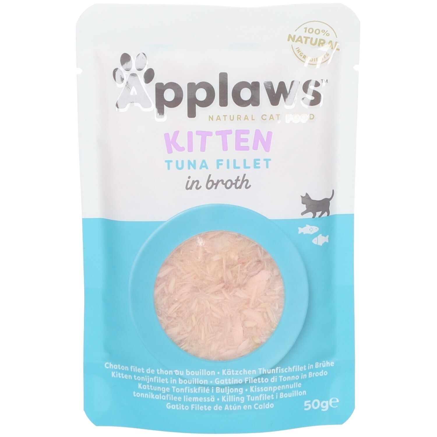 Sachet de filets de thon Applaws Kitten en bouillon. Morceaux de poisson visibles dans un cercle bleu. Texte: Kitten, Tuna Fillet, 50g.