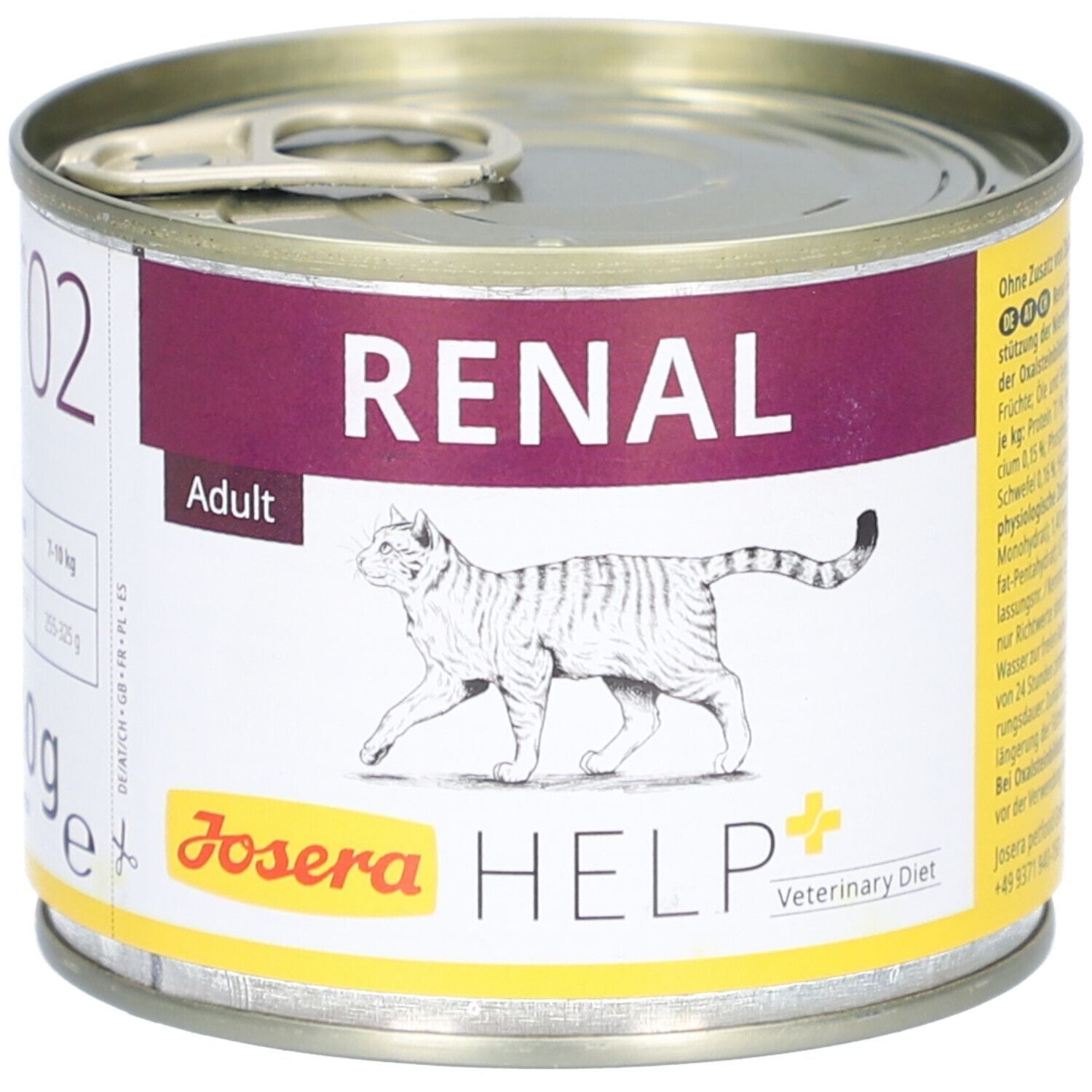 Metall-Dose mit "RENAL"-Aufdruck. Abgebildet ist eine Katze. Darunter steht "Josera HELP Veterinary Diet".