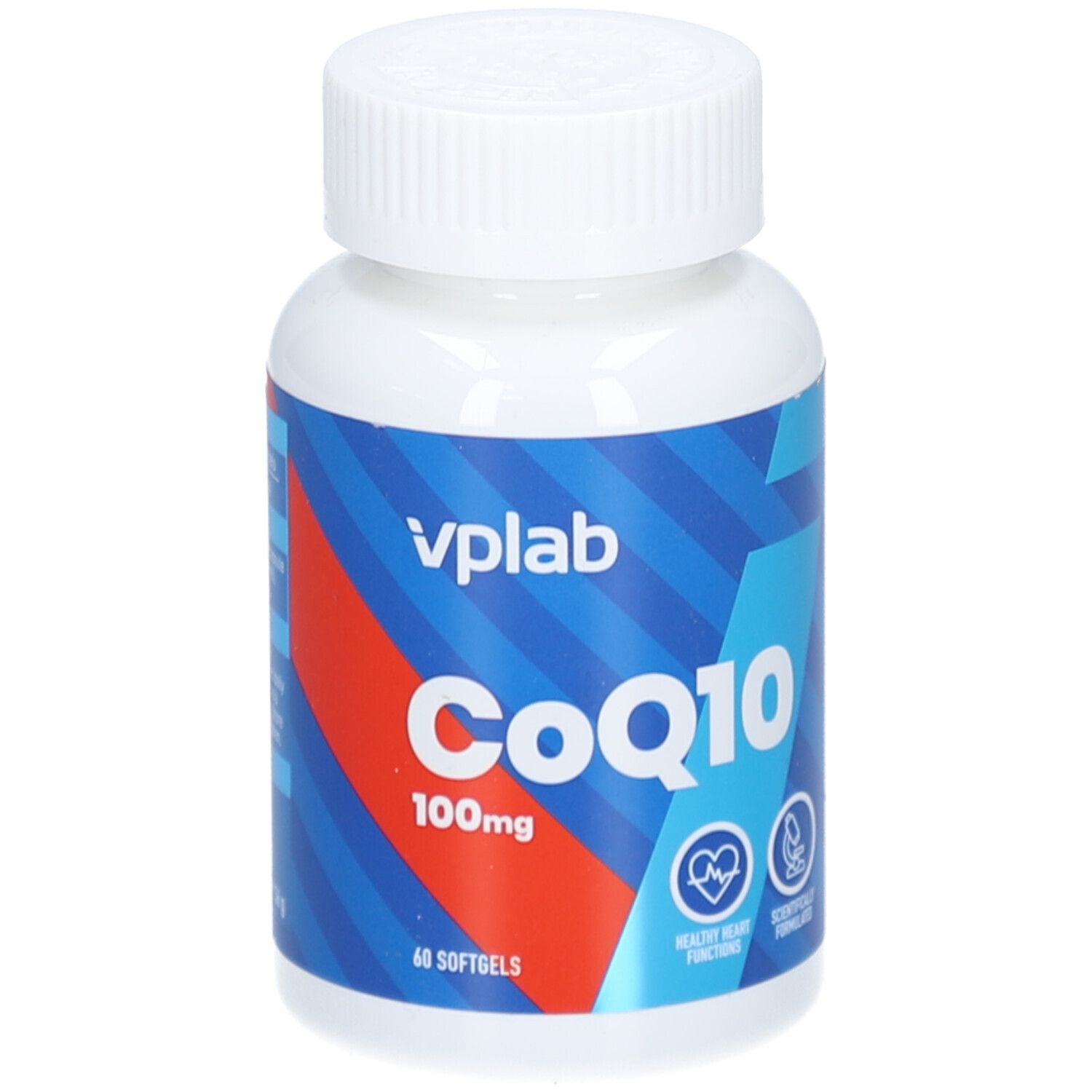 Weiße Flasche mit blau-rotem Etikett. Aufschrift: CoQ10 100mg, 60 Softgels. Marke: vplab. Symbole für Herzgesundheit und wissenschaftliche Formel.