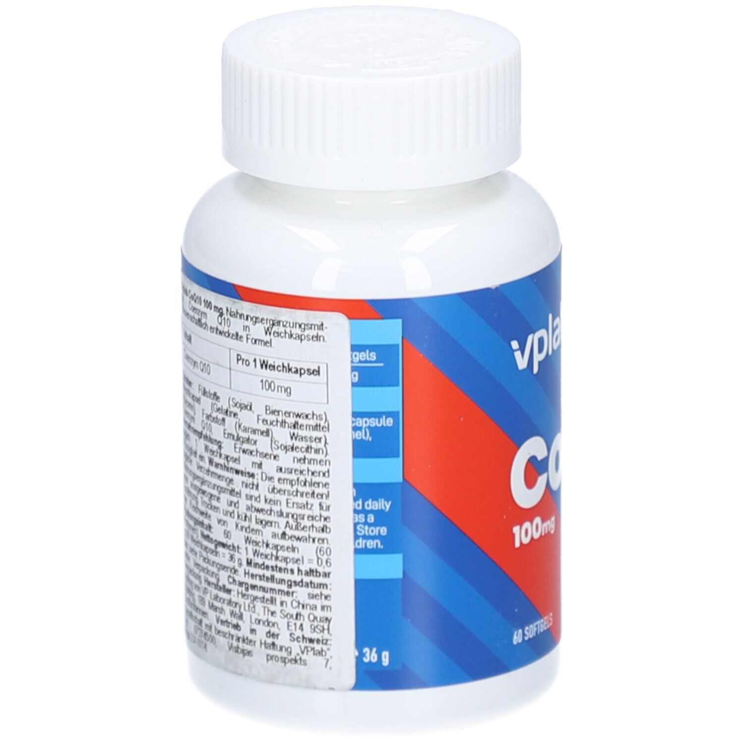Rückseite der weißen Flasche. Etikett mit Inhaltsstoffen und Nährwertangaben. Marke: vplab. Text in Deutsch. 36 g.