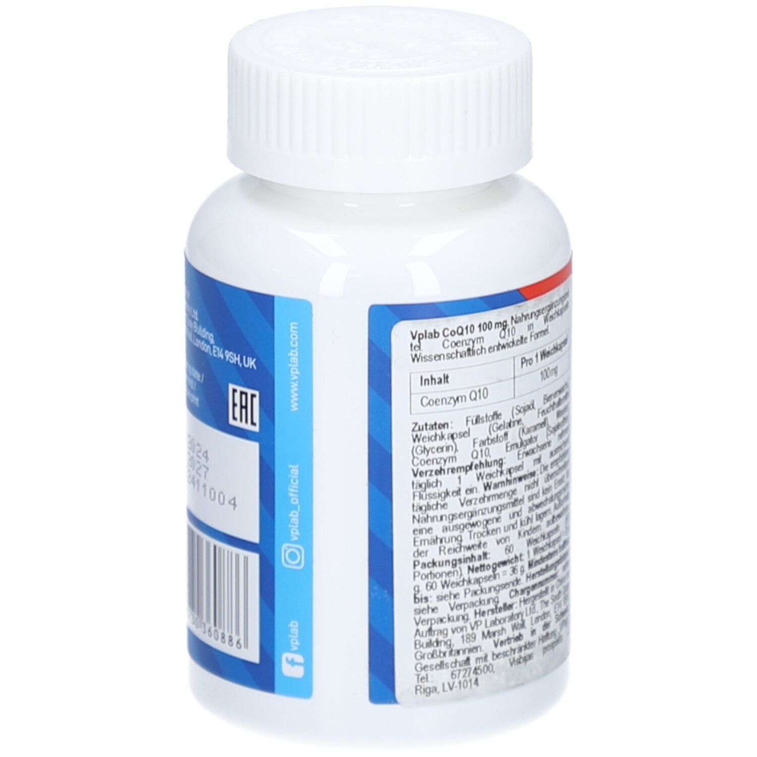 Rückseite der weißen Flasche. Etikett mit Inhaltsstoffen, Herstellerinformationen und Kontakt. Marke: vplab. Text in Deutsch.