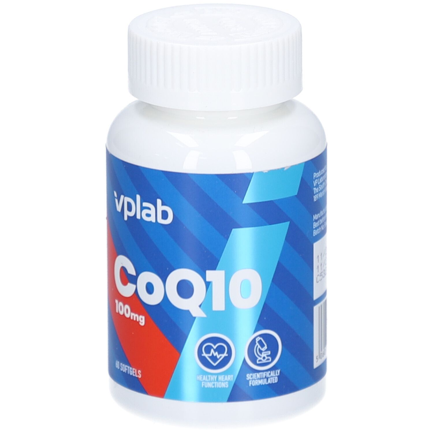 Weiße Flasche mit blau-rotem Etikett. Aufschrift: CoQ10 100mg, 60 Softgels. Marke: vplab. Symbole für Herzgesundheit und wissenschaftliche Formel.