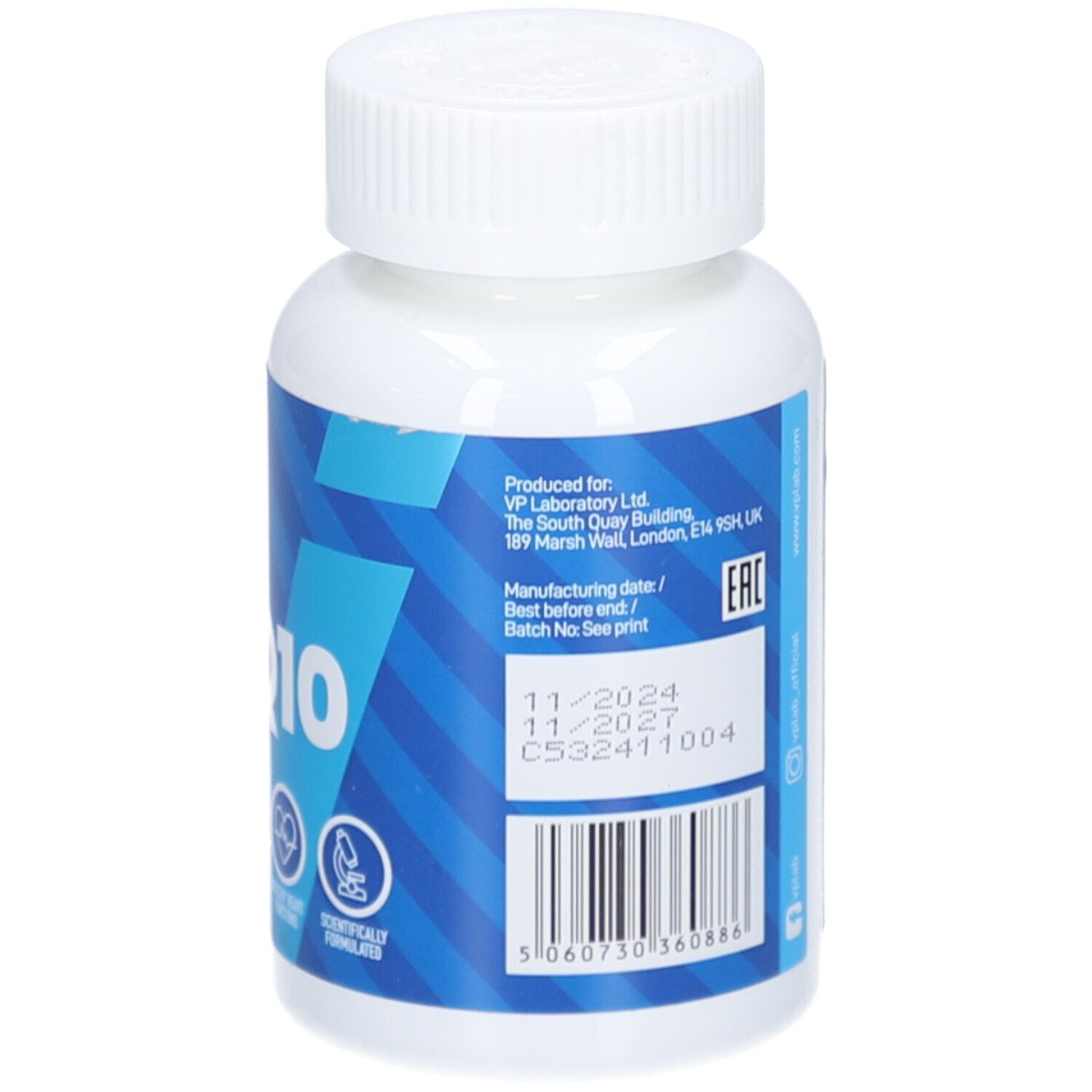 Rückseite der weißen Flasche. Etikett mit Herstellerinformationen, Chargennummer und Verfallsdatum. Marke: vplab. EAN-Code.