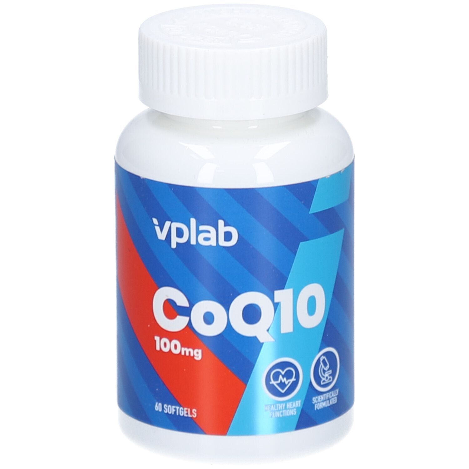 Weiße Flasche mit blau-rotem Etikett. Aufschrift: CoQ10 100mg, 60 Softgels. Marke: vplab. Symbole für Herzgesundheit und wissenschaftliche Formel.