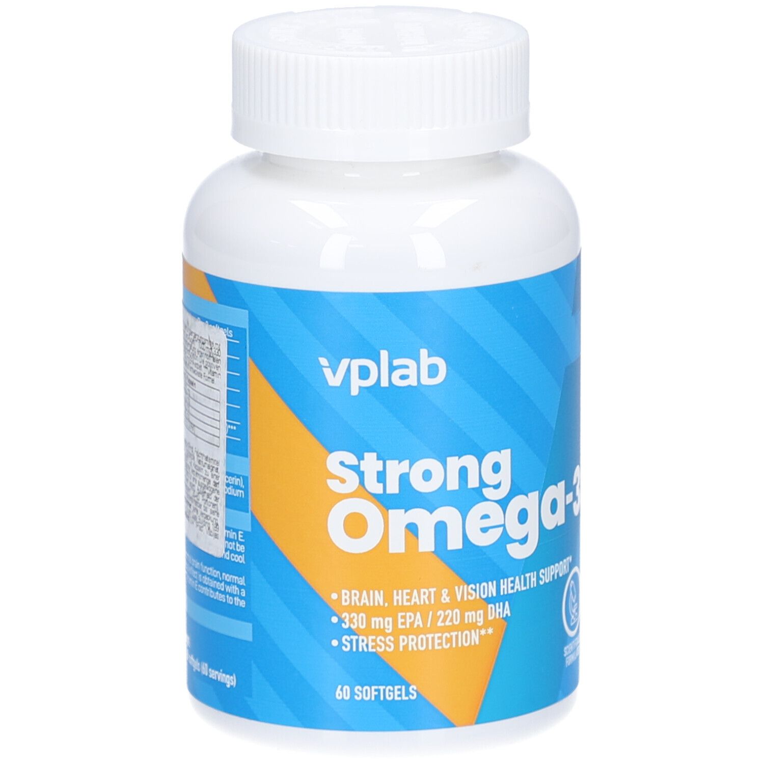 Weiße Flasche mit blau-gelbem Etikett. Aufschrift: Strong Omega-3, 60 Softgels. VPLAB Logo.