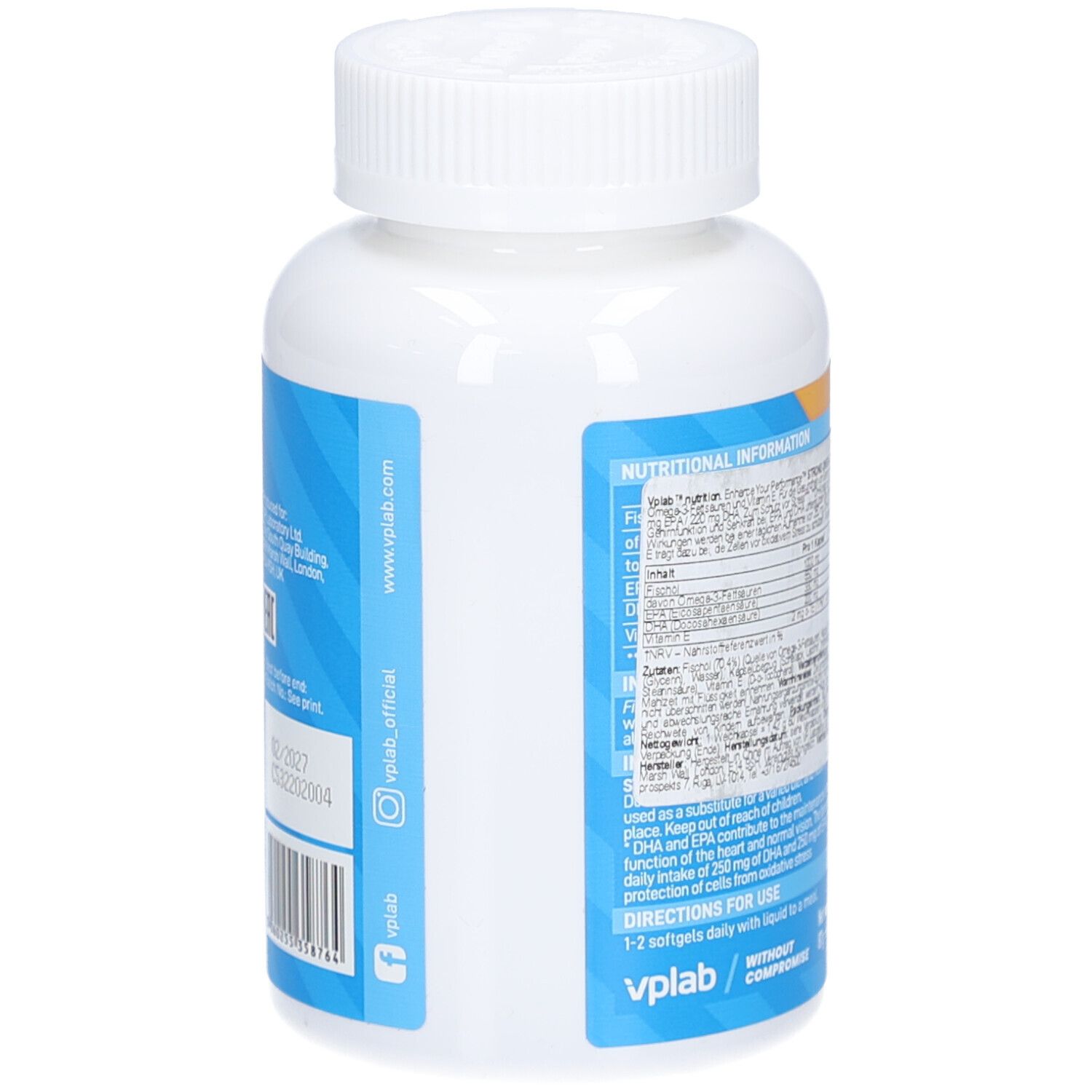 Rückseite der Flasche mit Text und QR-Code. VPLAB Logo und Website-Adresse.
