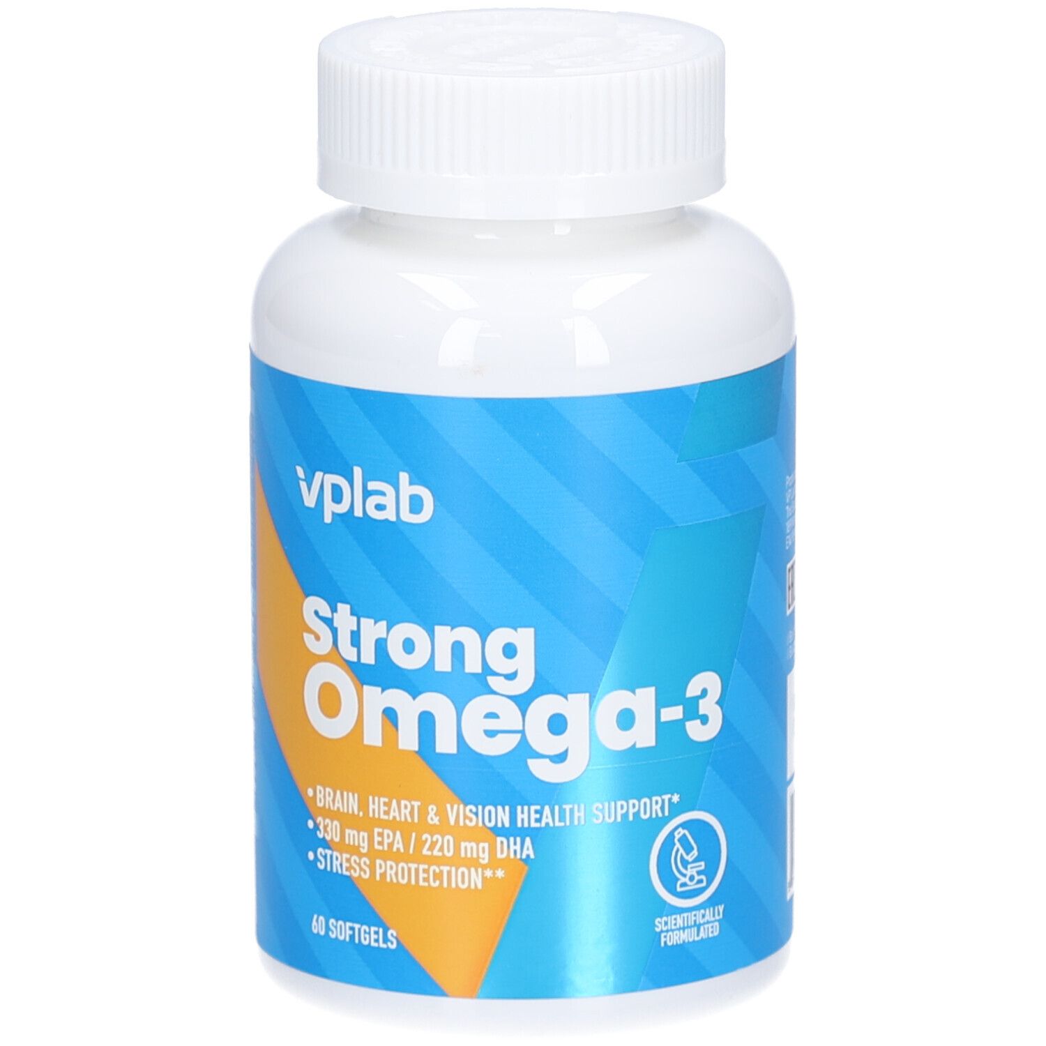 Weiße Flasche mit blau-gelbem Etikett. Aufschrift: Strong Omega-3, 60 Softgels. VPLAB Logo.
