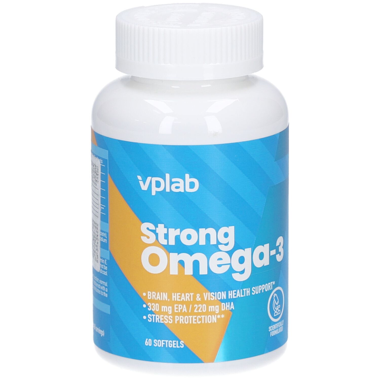 Weiße Flasche mit blau-gelbem Etikett. Aufschrift: Strong Omega-3, 60 Softgels. VPLAB Logo.