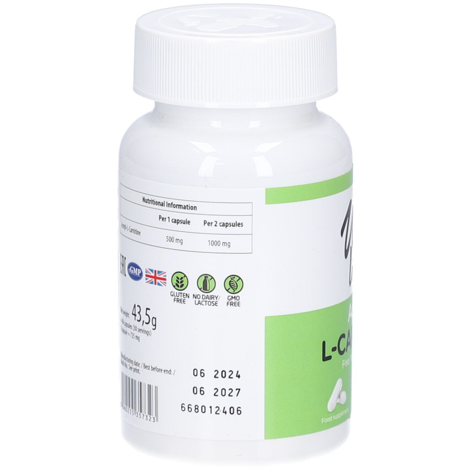 Rückseite der Flasche. Angaben zu Nährwerten, Zertifizierungen und Haltbarkeitsdatum. Gewicht: 43,5g.