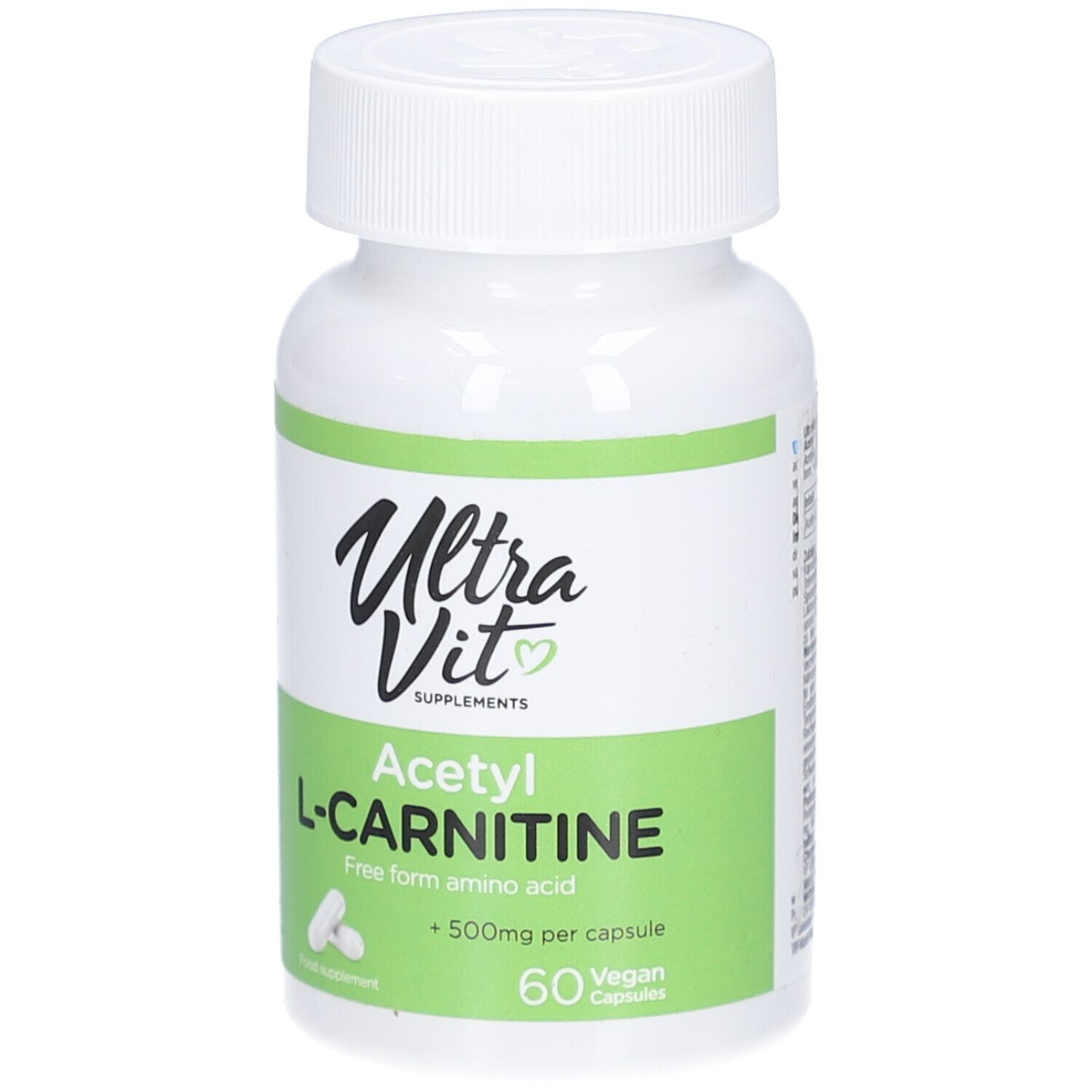 Weiße Flasche mit grünem Etikett. Aufschrift: Ultra Vit, Acetyl L-Carnitine, 60 Kapseln. Vegan.