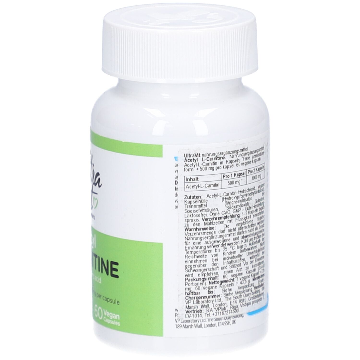 Rückseite der Flasche mit Text. Angaben zu Nährwerten, Zertifizierungen und Haltbarkeitsdatum. Gewicht: 43,5g.