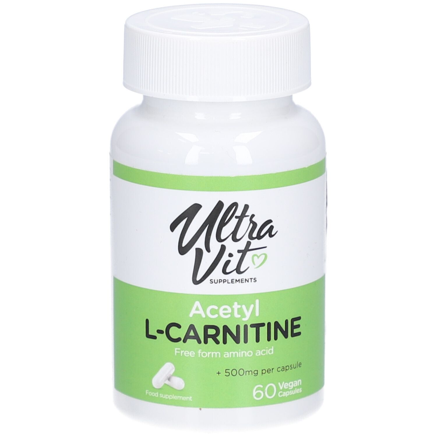 Weiße Flasche mit grünem Etikett. Aufschrift: Ultra Vit, Acetyl L-Carnitine, 60 Kapseln. Vegan.