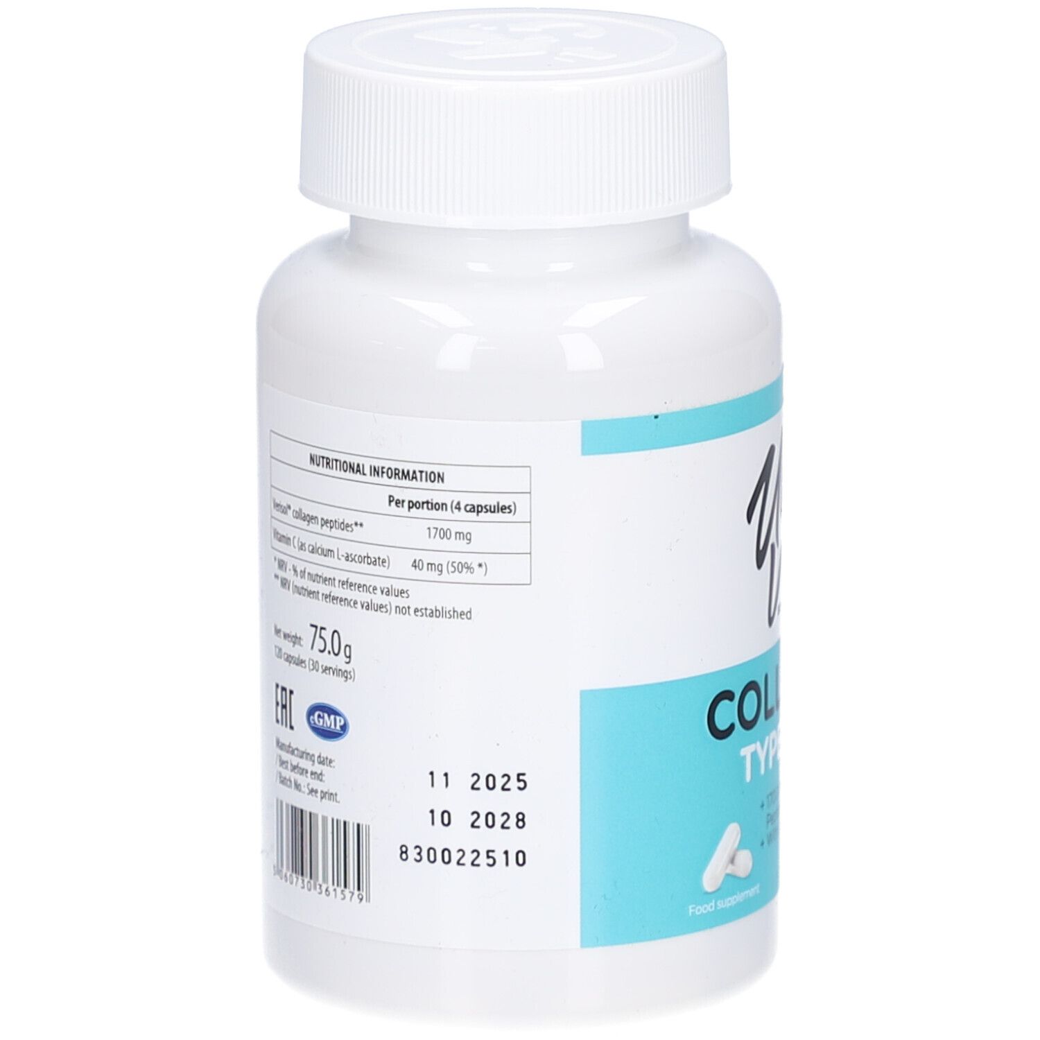 Rückseite der weißen Flasche. Enthält Nährwertangaben und Chargennummer. Aufschrift: Ultra Vit Collagen Typ I & III.