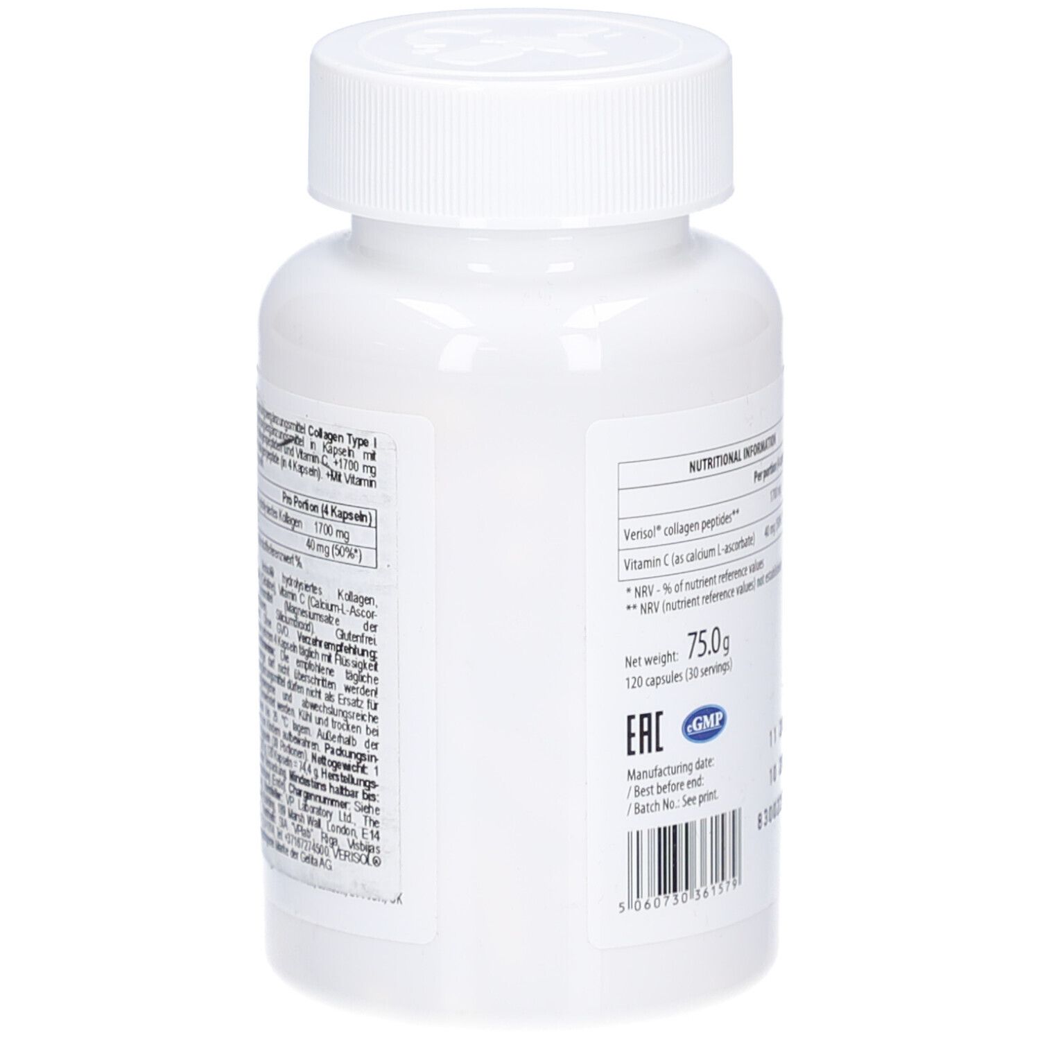 Rückseite der weißen Flasche. Enthält Nährwertangaben und Chargennummer. Aufschrift: Ultra Vit Collagen Typ I & III.