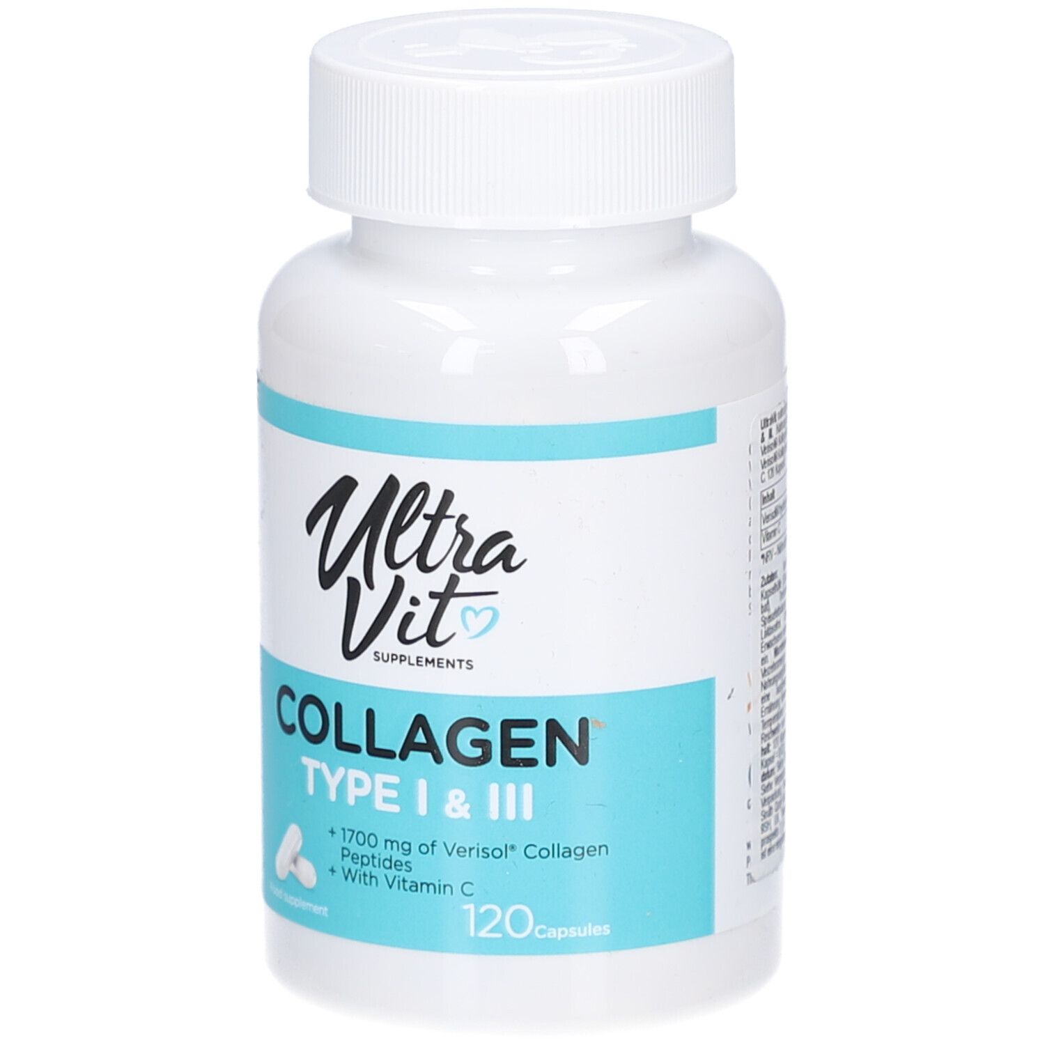 Weiße Flasche mit blauem Etikett. Enthält Kapseln. Aufschrift: Ultra Vit Collagen Typ I & III, 120 Kapseln.