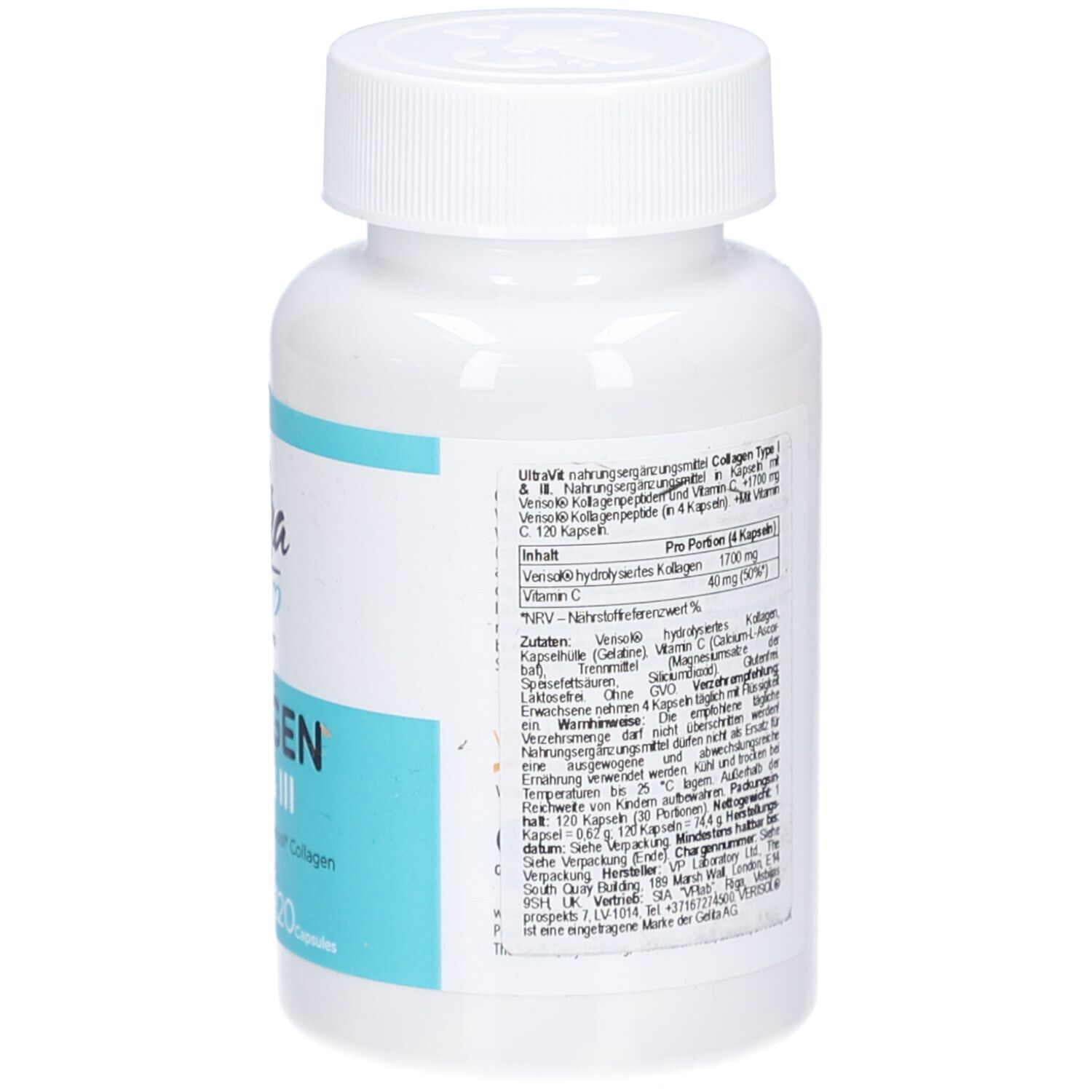 Rückseite der weißen Flasche. Enthält Nährwertangaben. Aufschrift: Ultra Vit Collagen Typ I & III, 120 Kapseln.