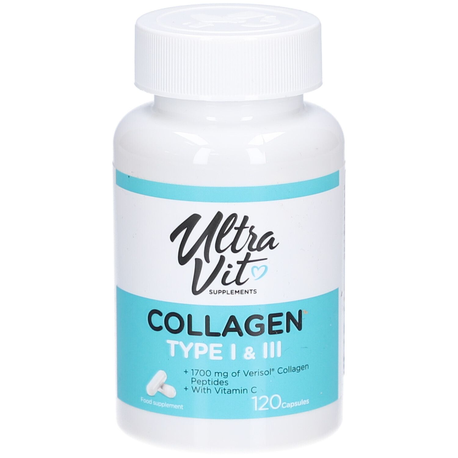 Weiße Flasche mit blauem Etikett. Enthält Kapseln. Aufschrift: Ultra Vit Collagen Typ I & III, 120 Kapseln.