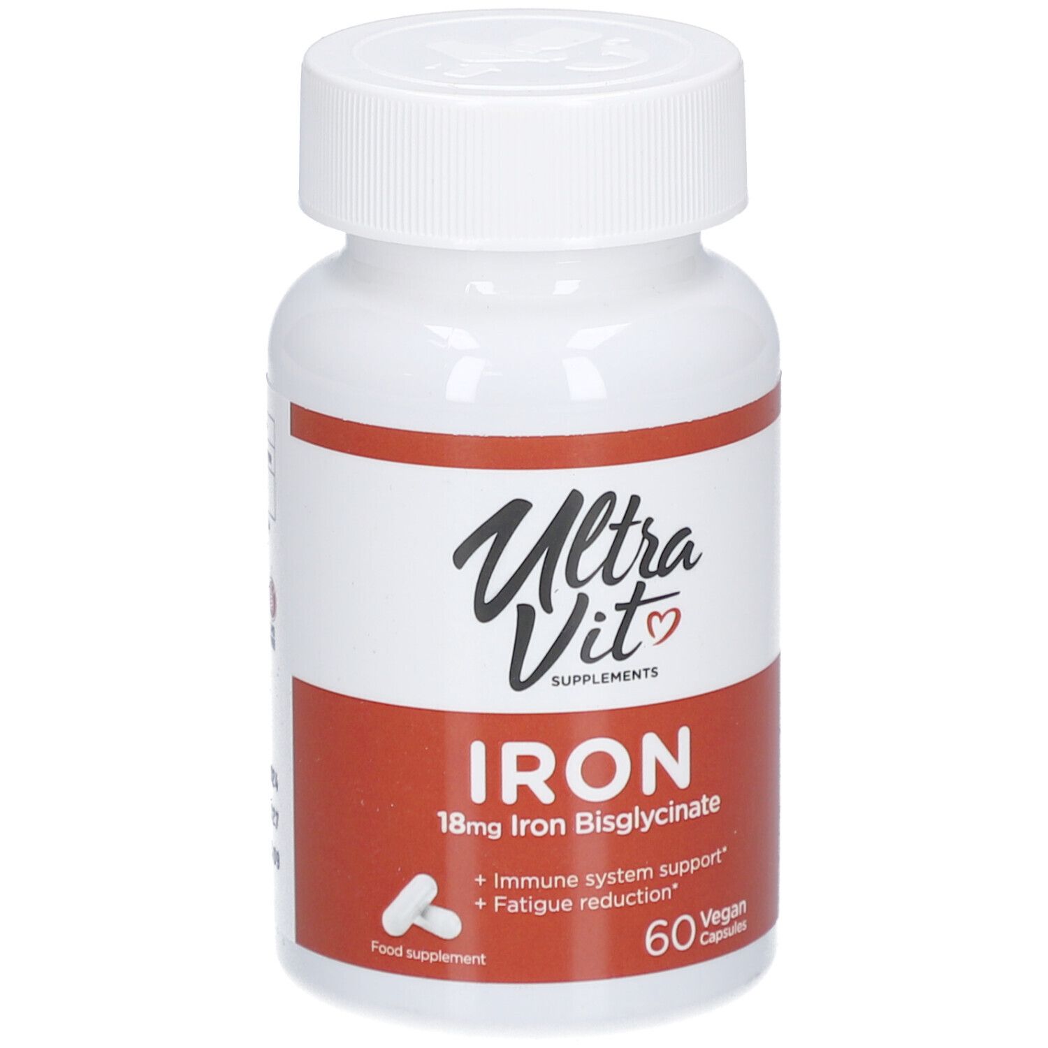 Weiße Flasche mit rotem Etikett. Aufschrift: Ultra Vit, Iron, 18mg Iron Bisglycinate, 60 vegane Kapseln.