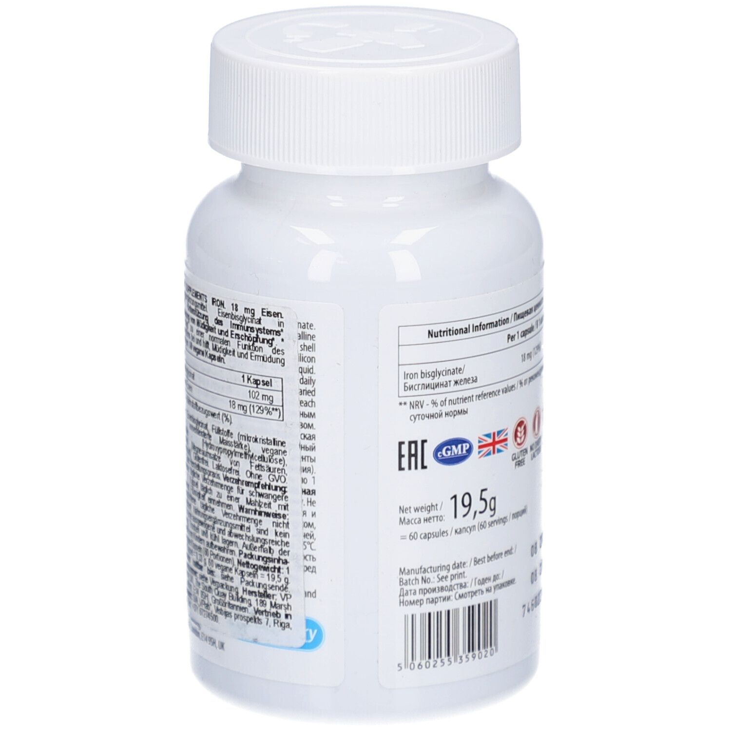 Rückansicht der weißen Flasche. Enthält Informationen zu Inhaltsstoffen und Nährwerten. Gluten-, Milchzucker- und laktosefrei.