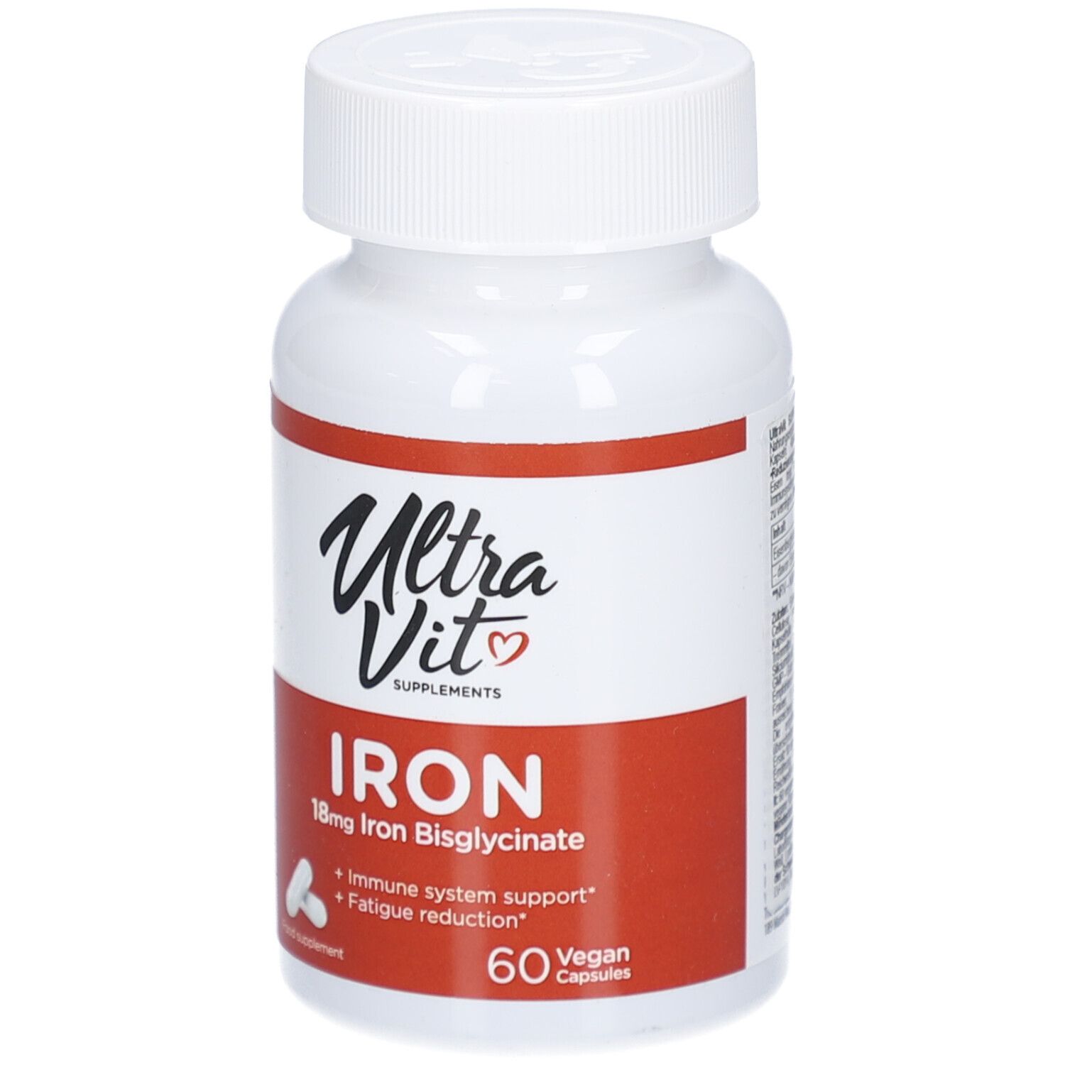 Weiße Flasche mit rotem Etikett. Aufschrift: Ultra Vit, Iron, 18mg Iron Bisglycinate, 60 vegane Kapseln.