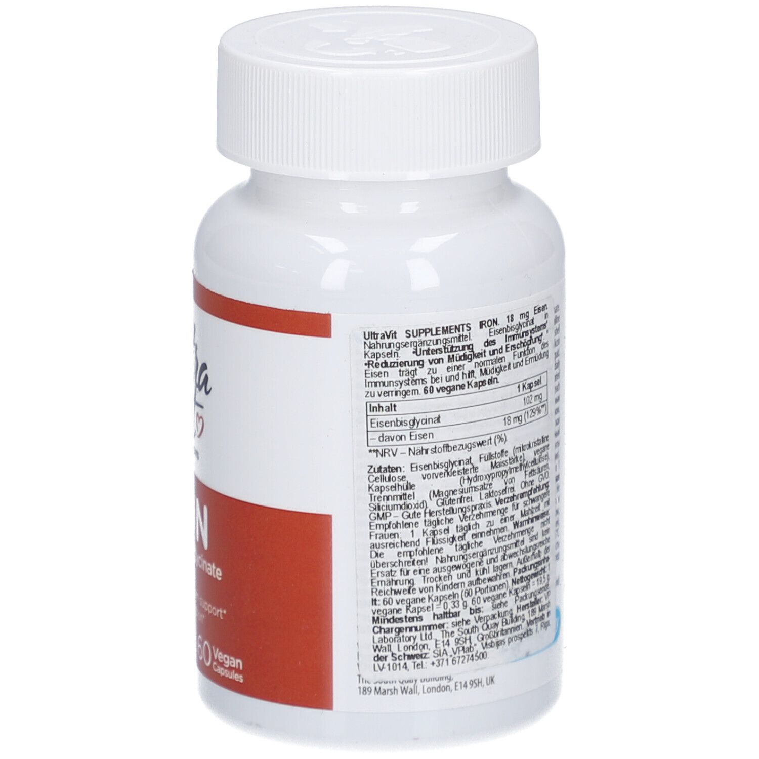 Weiße Flasche mit rotem Etikett. Aufschrift: Ultra Vit, Iron, 18mg Iron Bisglycinate, 60 vegane Kapseln.