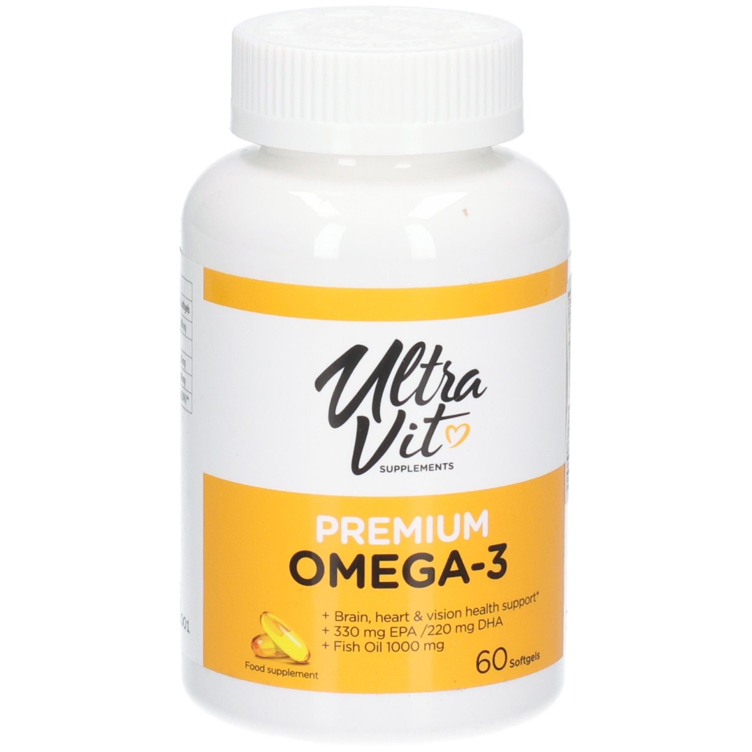 ULTRAVIT Premium Omega-3 Softgel-Flasche mit 60 Stück. Enthält Fischöl 1000 mg.