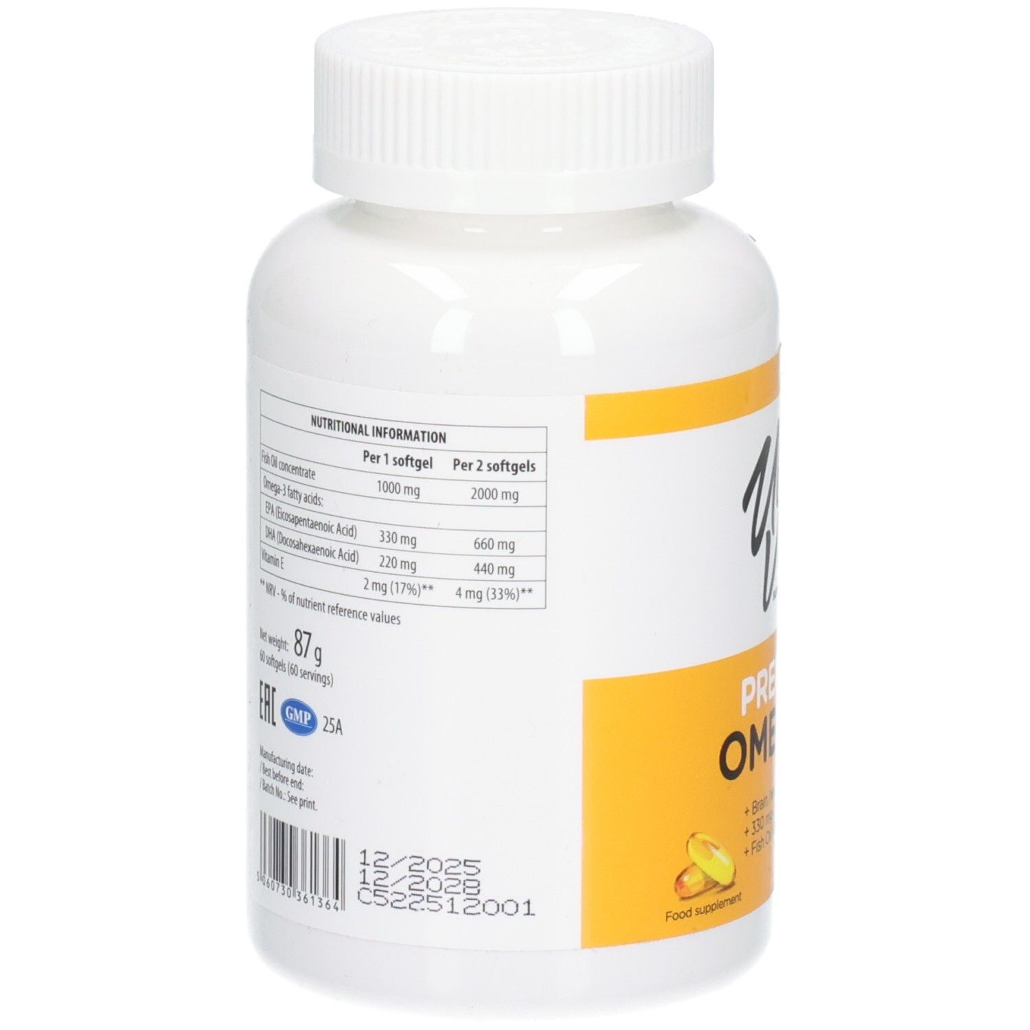 Rückseite der ULTRAVIT Premium Omega-3 Flasche mit Nährwertangaben und Haltbarkeitsdatum.