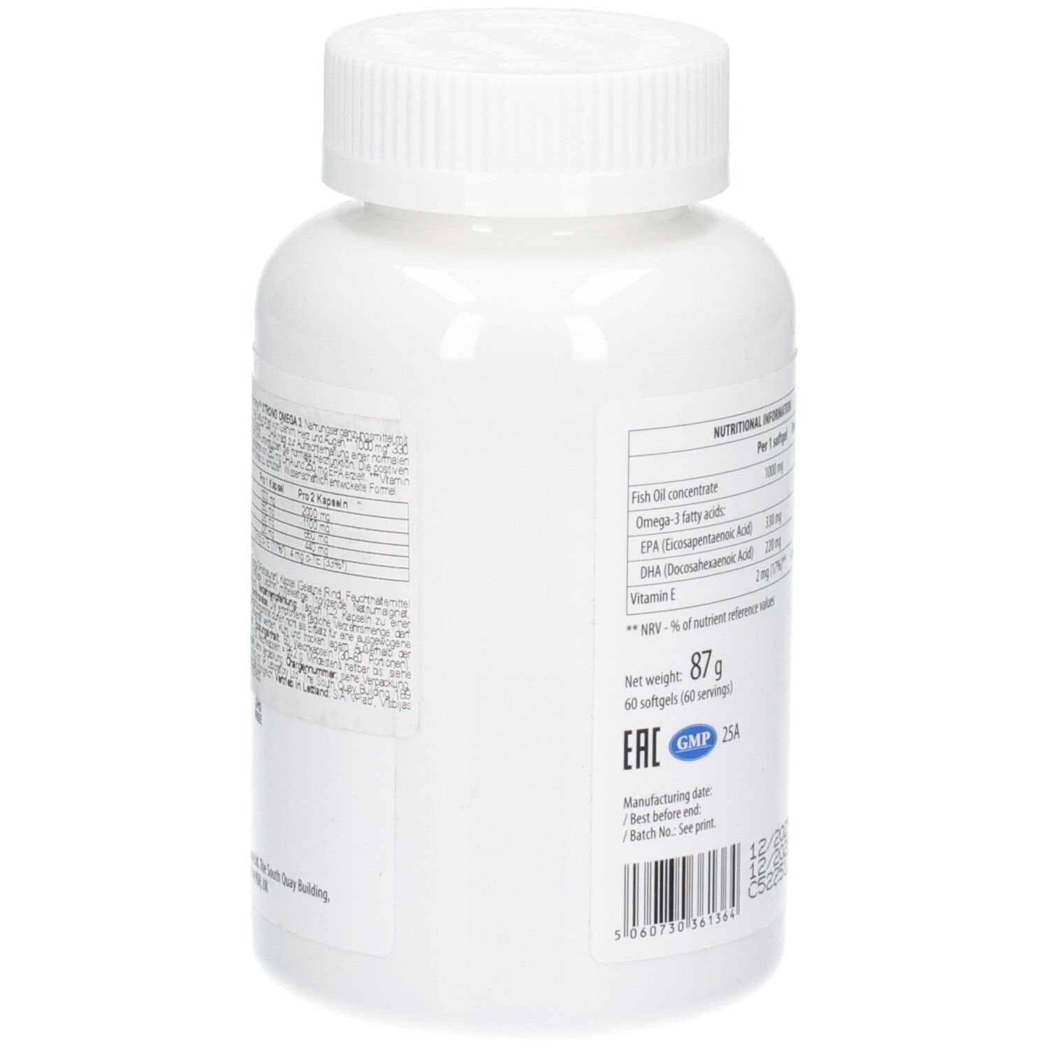 Seitenansicht der ULTRAVIT Premium Omega-3 Flasche mit detaillierten Nährwertangaben.